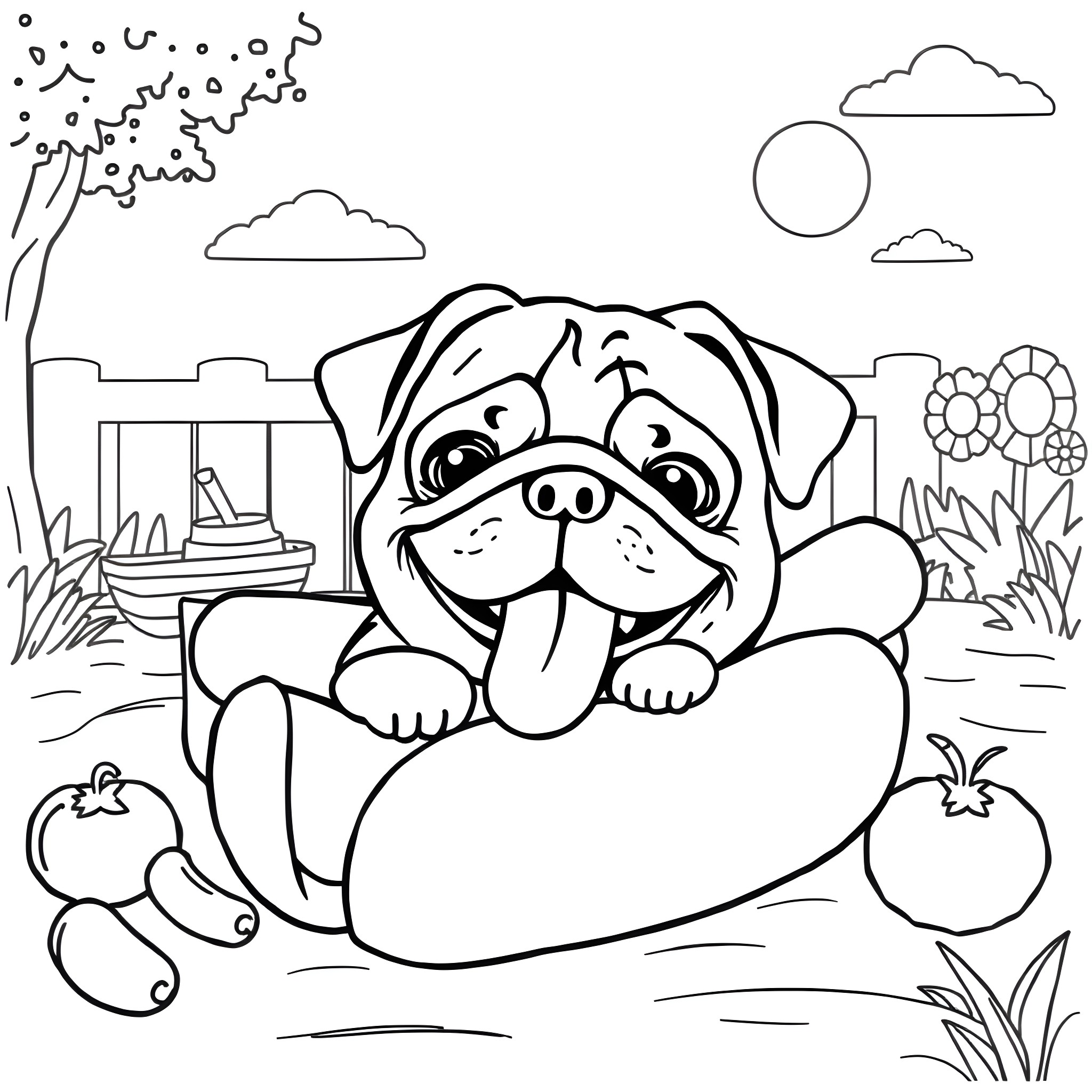 Pug relaxing in the park Coloring Page (free black-and-white line drawing printable PDF for all, from beginners to advanced learners, including children, teens, adults, and seniors)