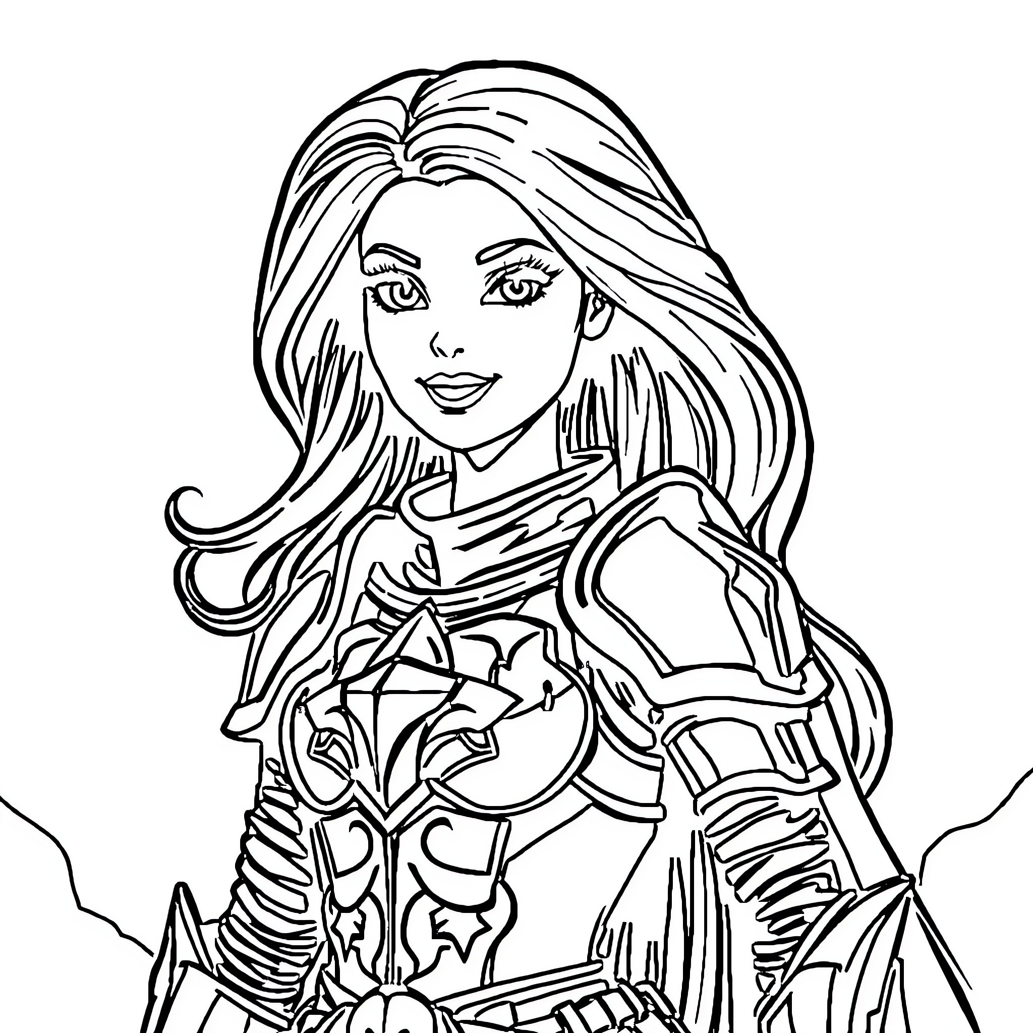 Barbie in Heroic Armor Posing Confidently Coloring Page (free black-and-white line drawing printable PDF for all, from beginners to advanced learners, including children, teens, adults, and seniors)