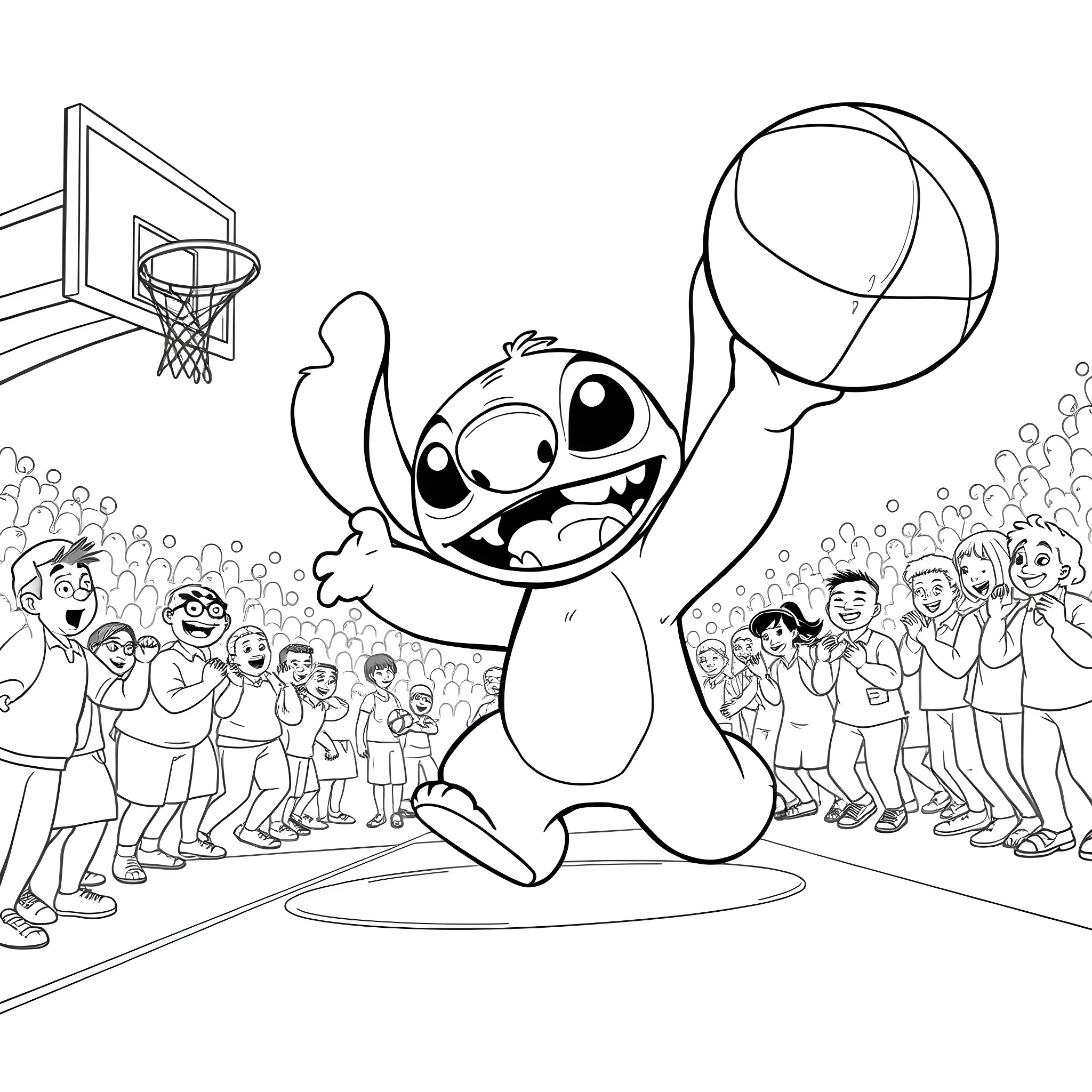 Stitch playing basketball with a group of people Coloring Page (free black-and-white line drawing printable PDF for all, from beginners to advanced learners, including children, teens, adults, and seniors)