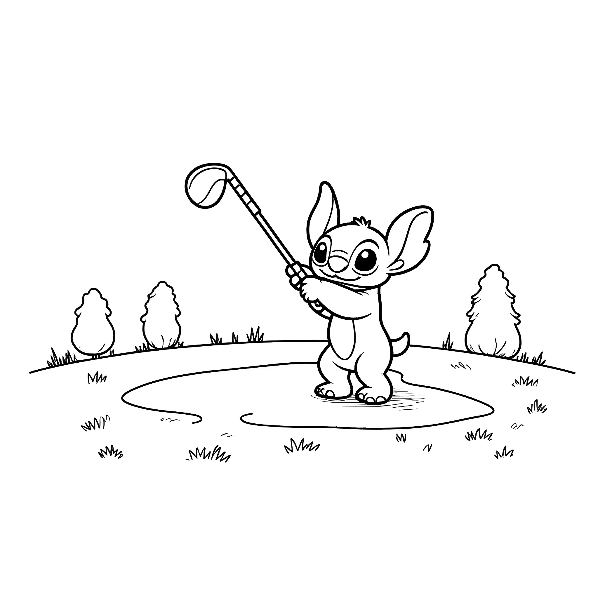 Stitch Golfing in the Meadow Coloring Page (free black-and-white line drawing printable PDF for all, from beginners to advanced learners, including children, teens, adults, and seniors)