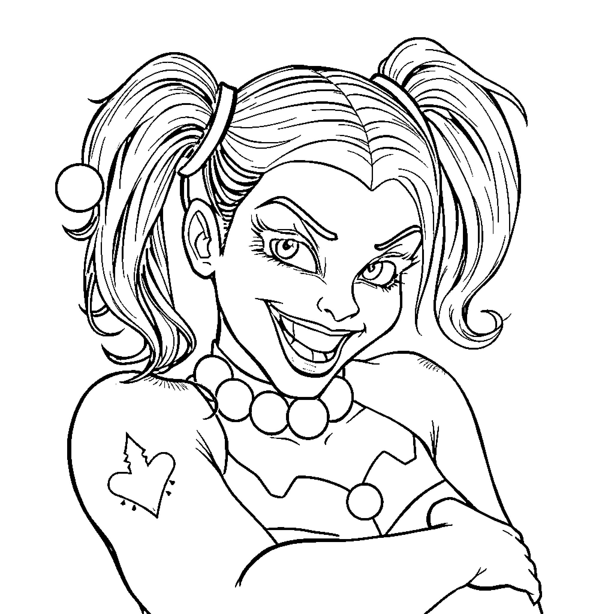 Harley Quinn's Mischievous Grin Coloring Page (free black-and-white line drawing printable PDF for all, from beginners to advanced learners, including children, teens, adults, and seniors)