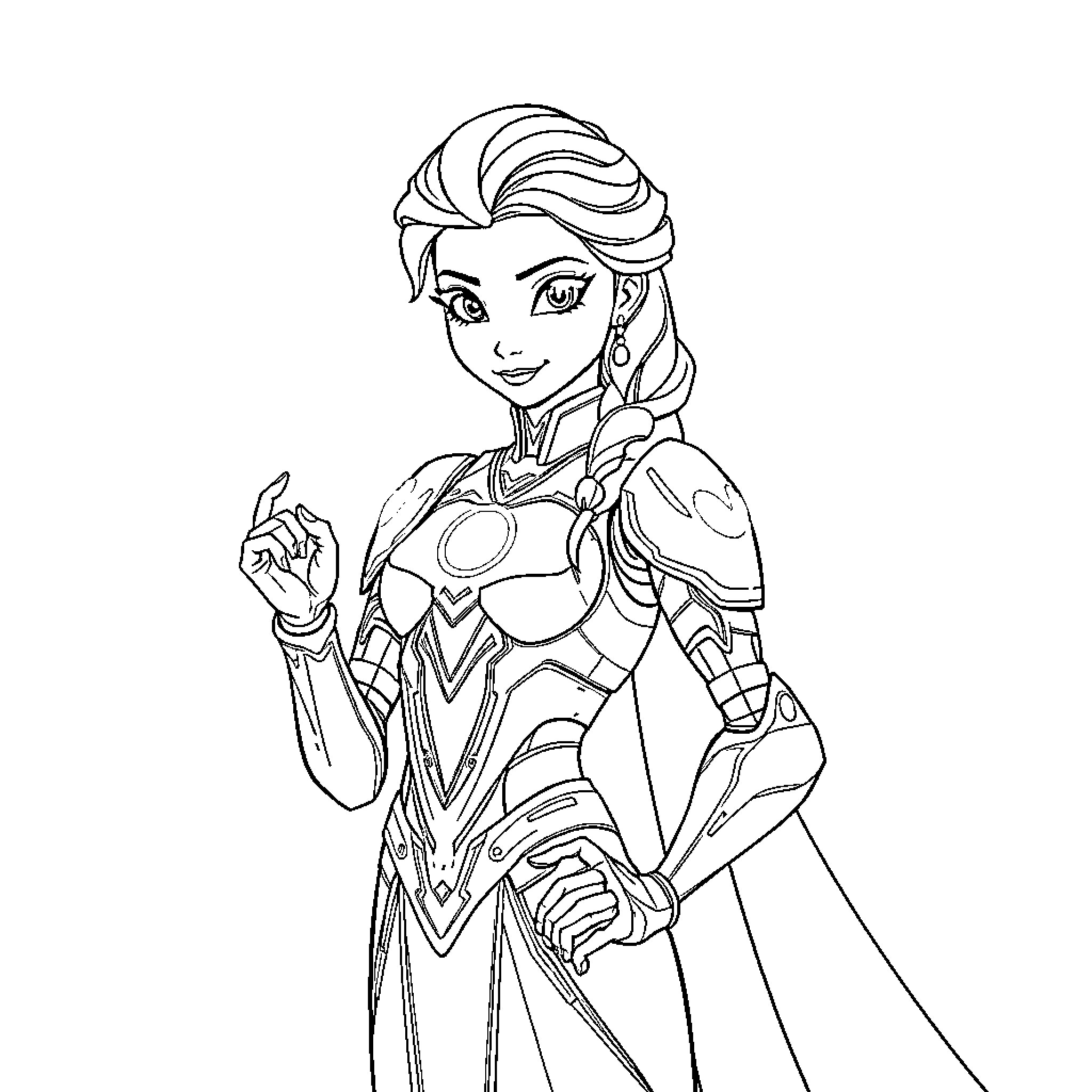 Elsa in Powerful Armored Pose Coloring Page (free black-and-white line drawing printable PDF for all, from beginners to advanced learners, including children, teens, adults, and seniors)
