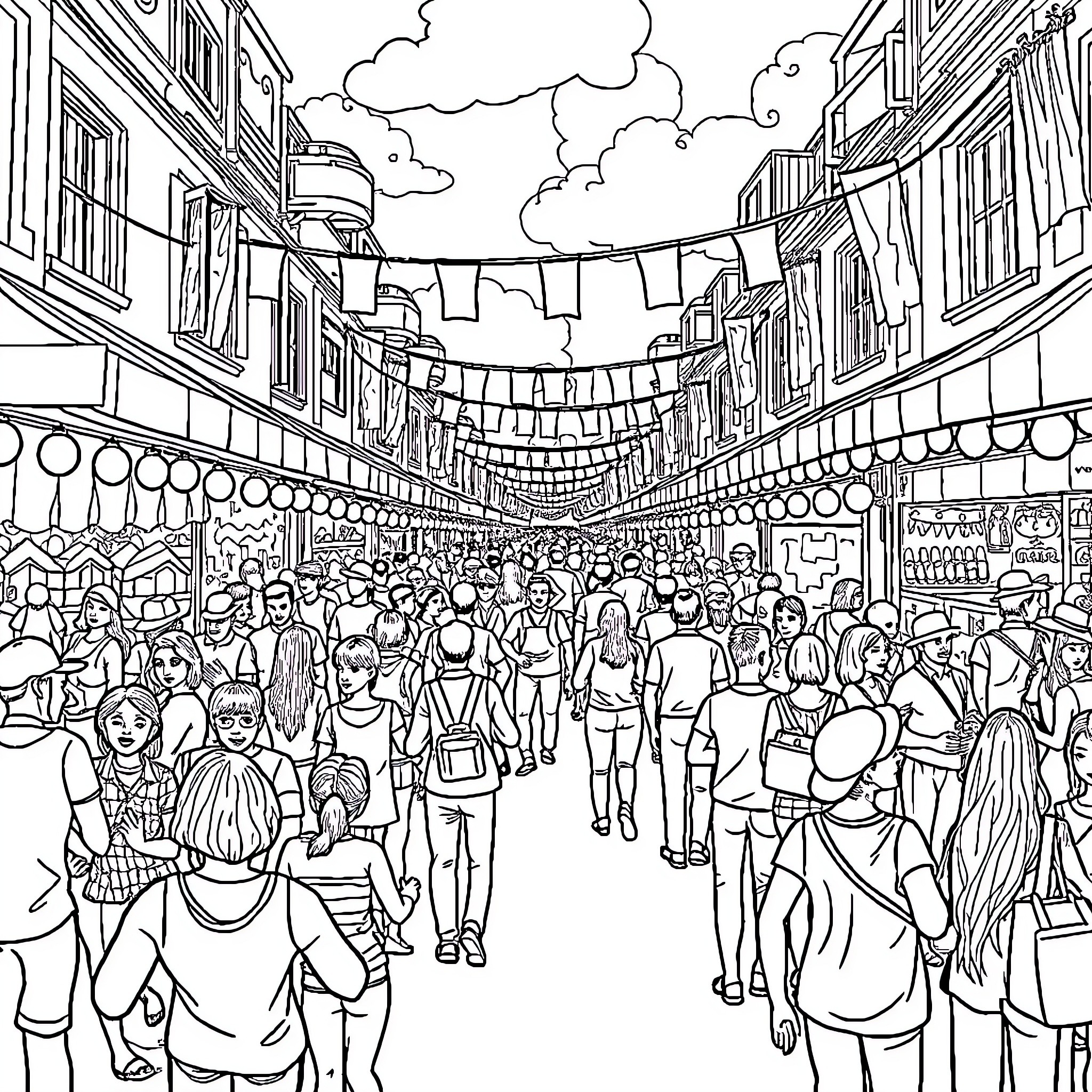 Festival Bustling with Lively Crowds and Festive Decorations Coloring Page (free black-and-white line drawing printable PDF for all, from beginners to advanced learners, including children, teens, adults, and seniors)