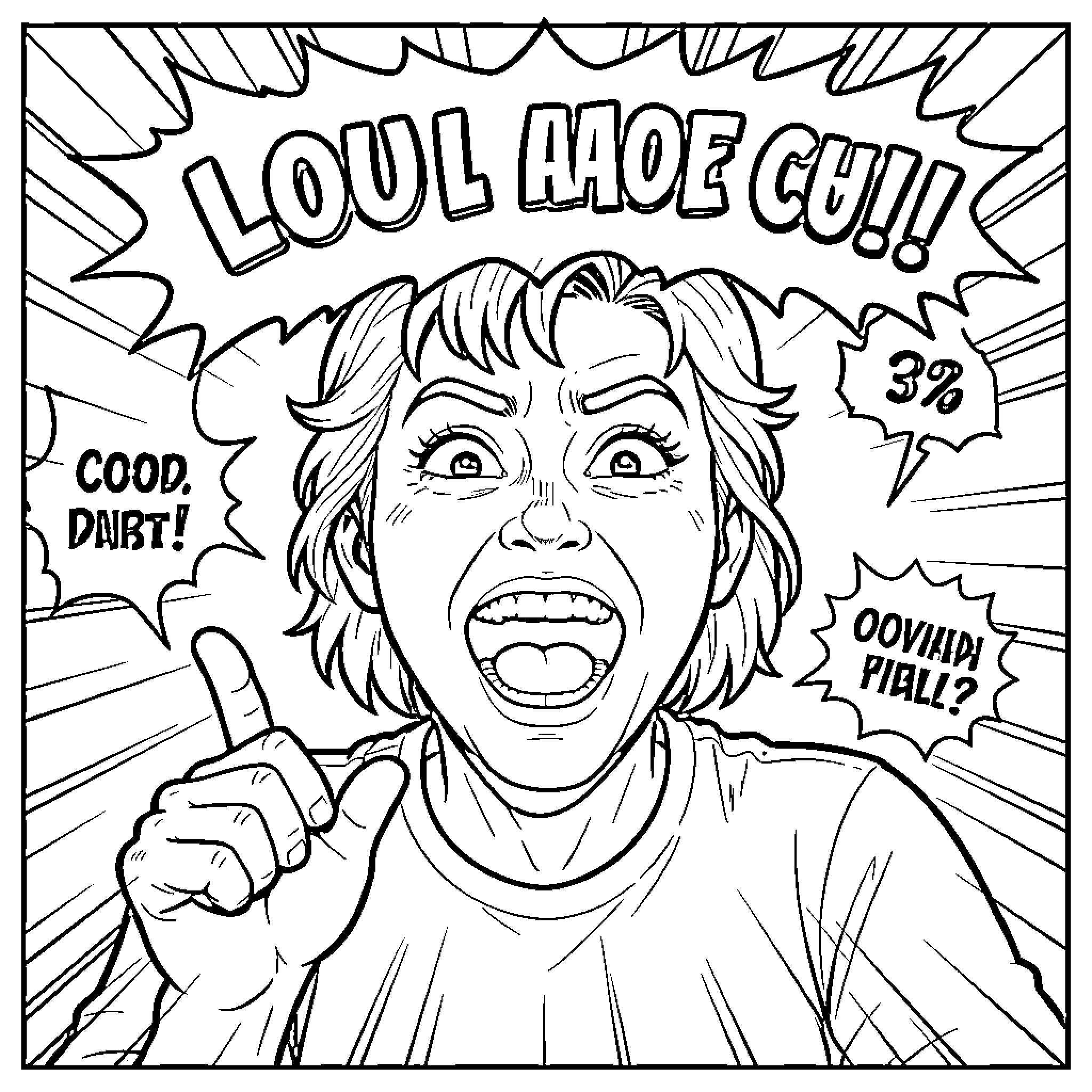 Atención mujer con expresión de gran sorpresa y emoción Coloring Page (free black-and-white line drawing printable PDF for all, from beginners to advanced learners, including children, teens, adults, and seniors)