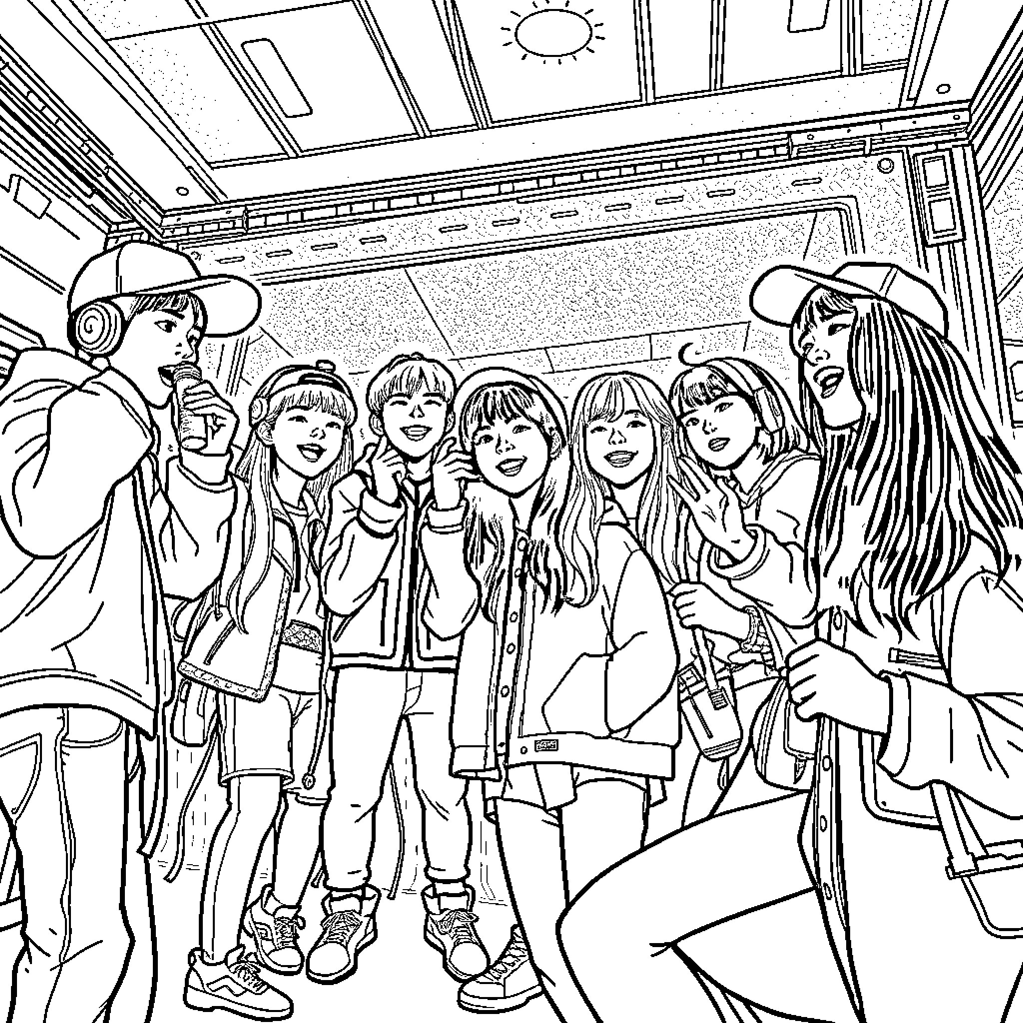 Kpop Idols Posing for a Group Photo Coloring Page (free black-and-white line drawing printable PDF for all, from beginners to advanced learners, including children, teens, adults, and seniors)