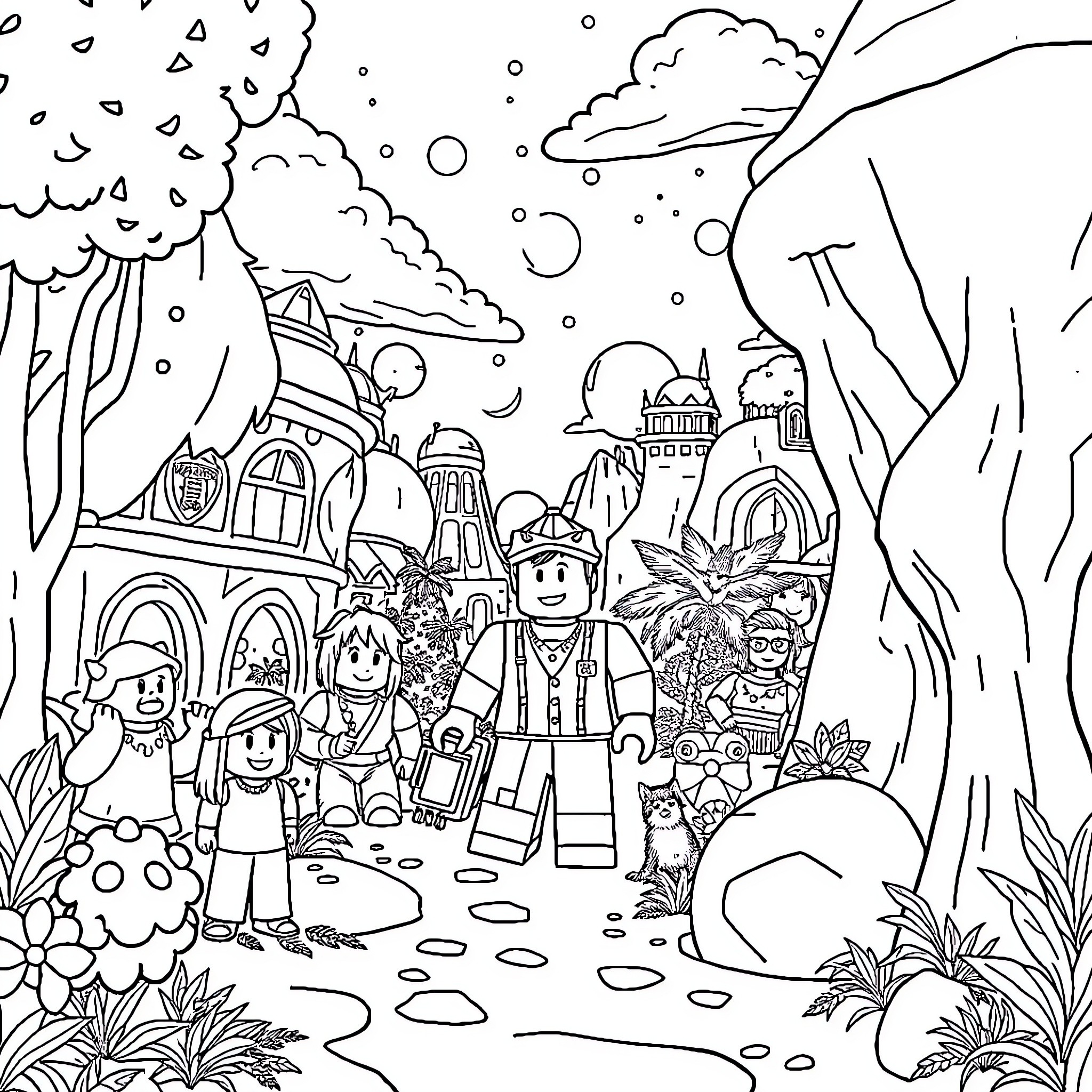 Dandy World: Whimsical Characters in a Fantastical Landscape Coloring Page (free black-and-white line drawing printable PDF for all, from beginners to advanced learners, including children, teens, adults, and seniors)