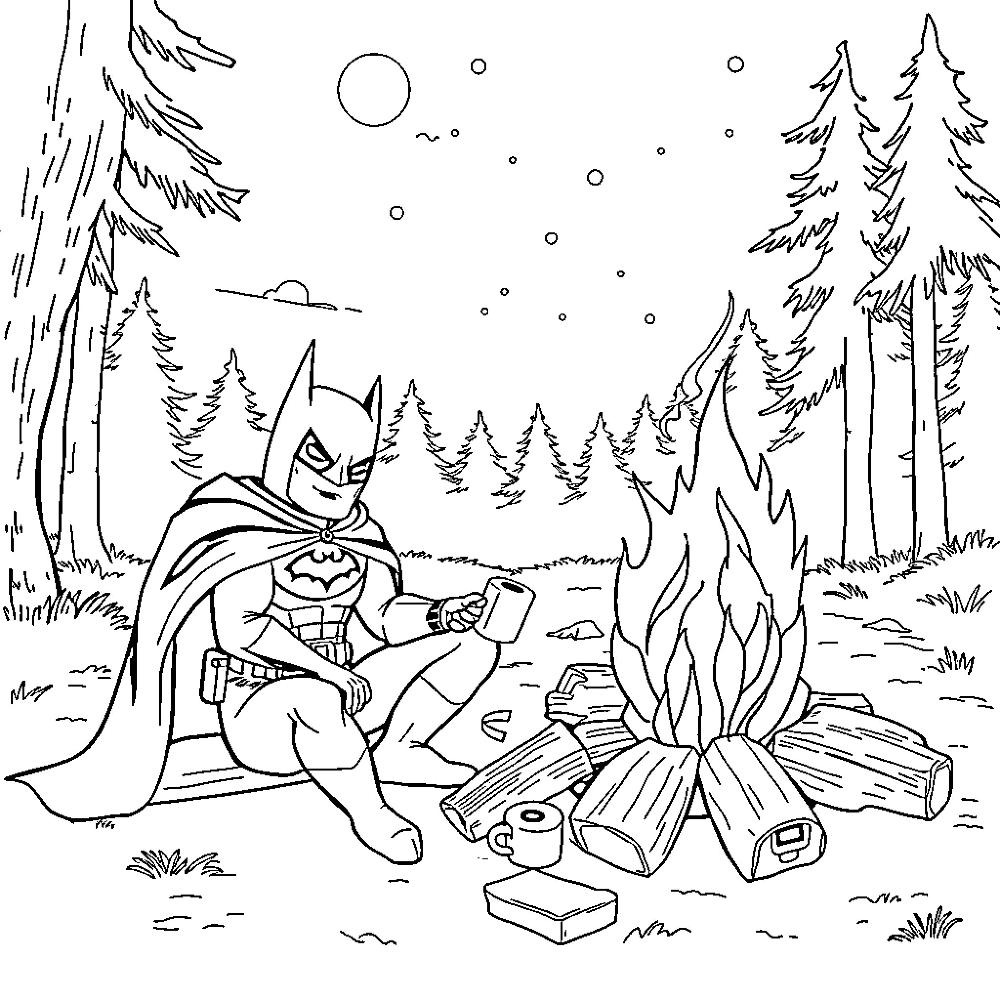 Batman enjoying a cozy campfire in the snowy forest Coloring Page (free black-and-white line drawing printable PDF for all, from beginners to advanced learners, including children, teens, adults, and seniors)