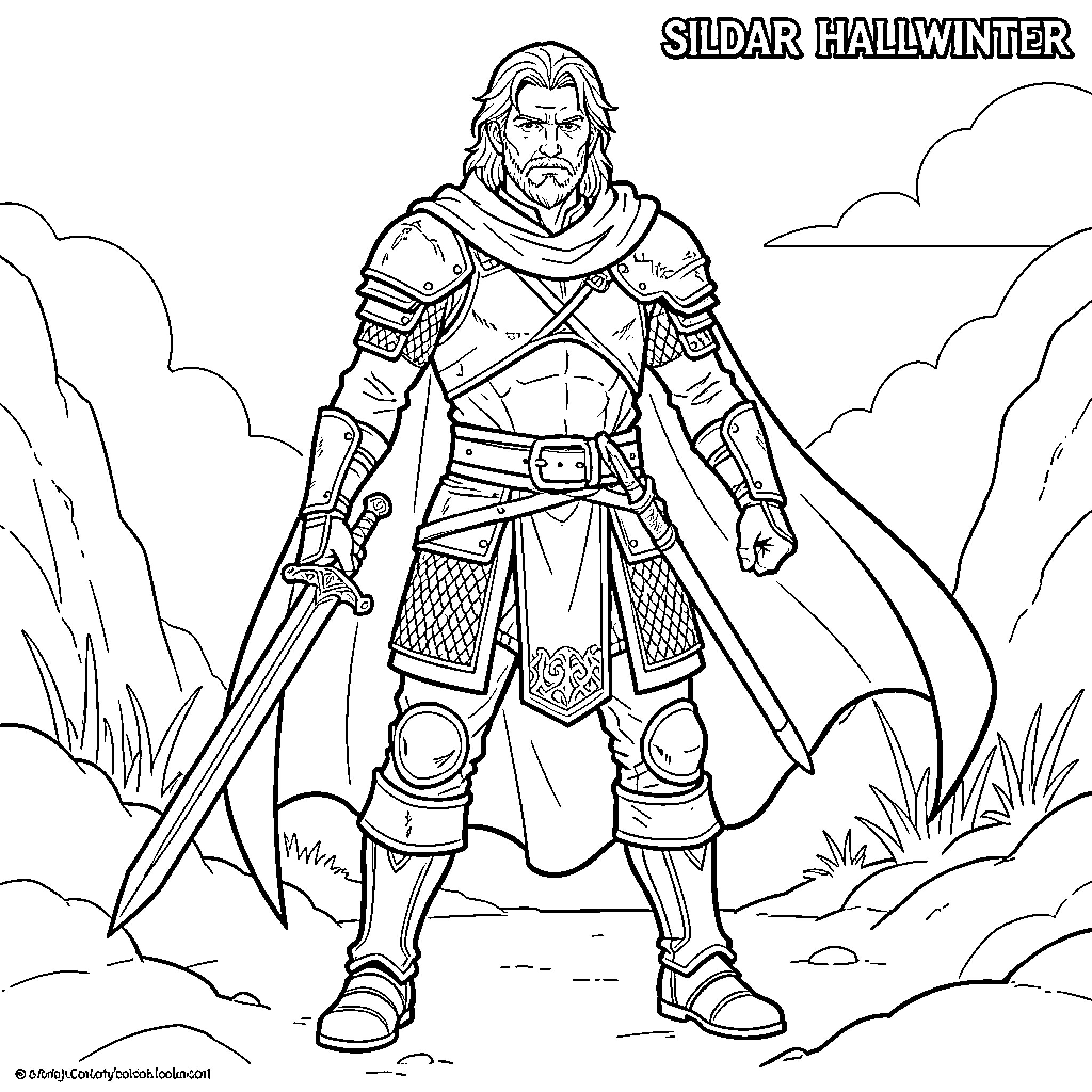 Warrior standing heroically with a sword and cape Coloring Page (free black-and-white line drawing printable PDF for all, from beginners to advanced learners, including children, teens, adults, and seniors)