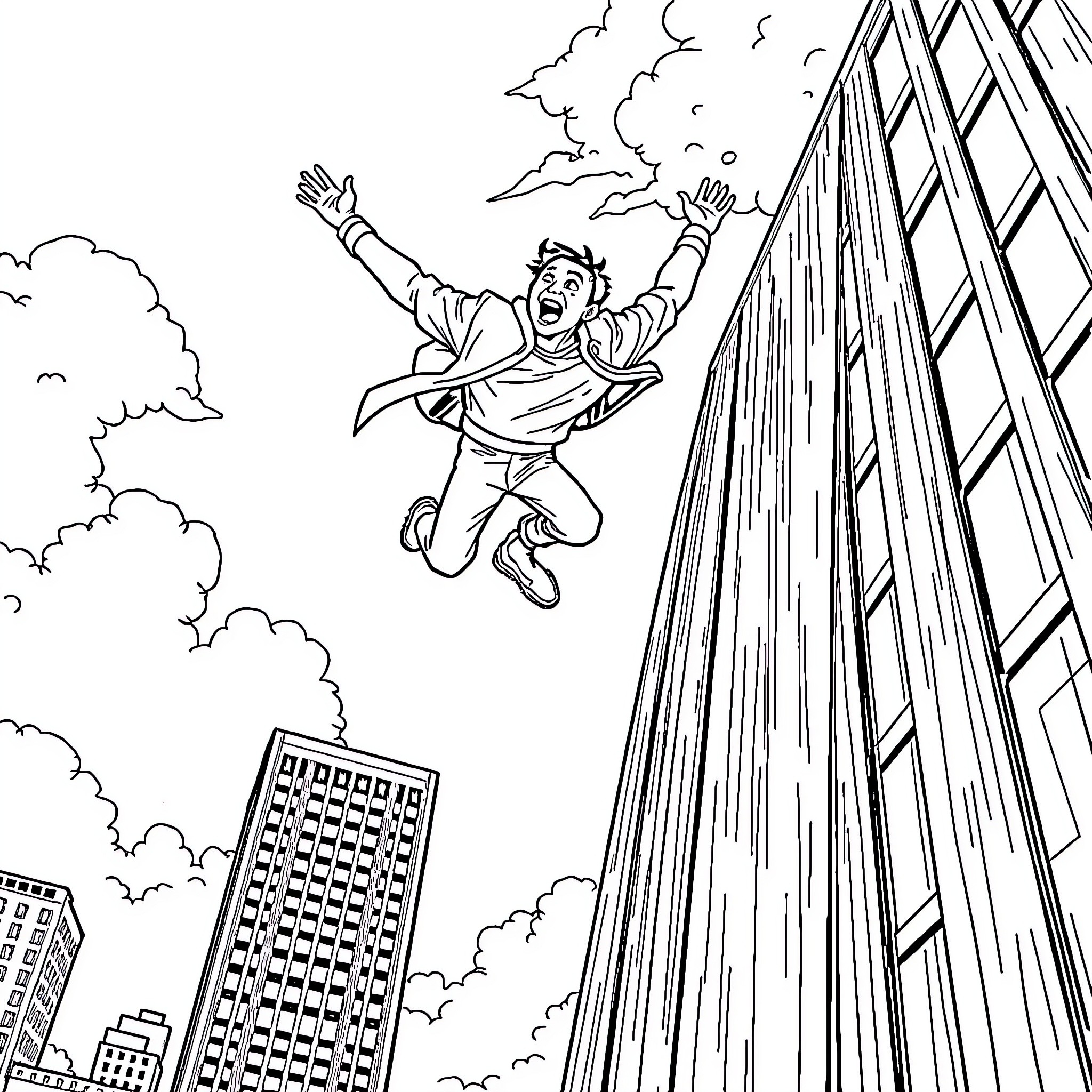 Miraculous Feat of Man Leaping from Skyscraper Coloring Page (free black-and-white line drawing printable PDF for all, from beginners to advanced learners, including children, teens, adults, and seniors)