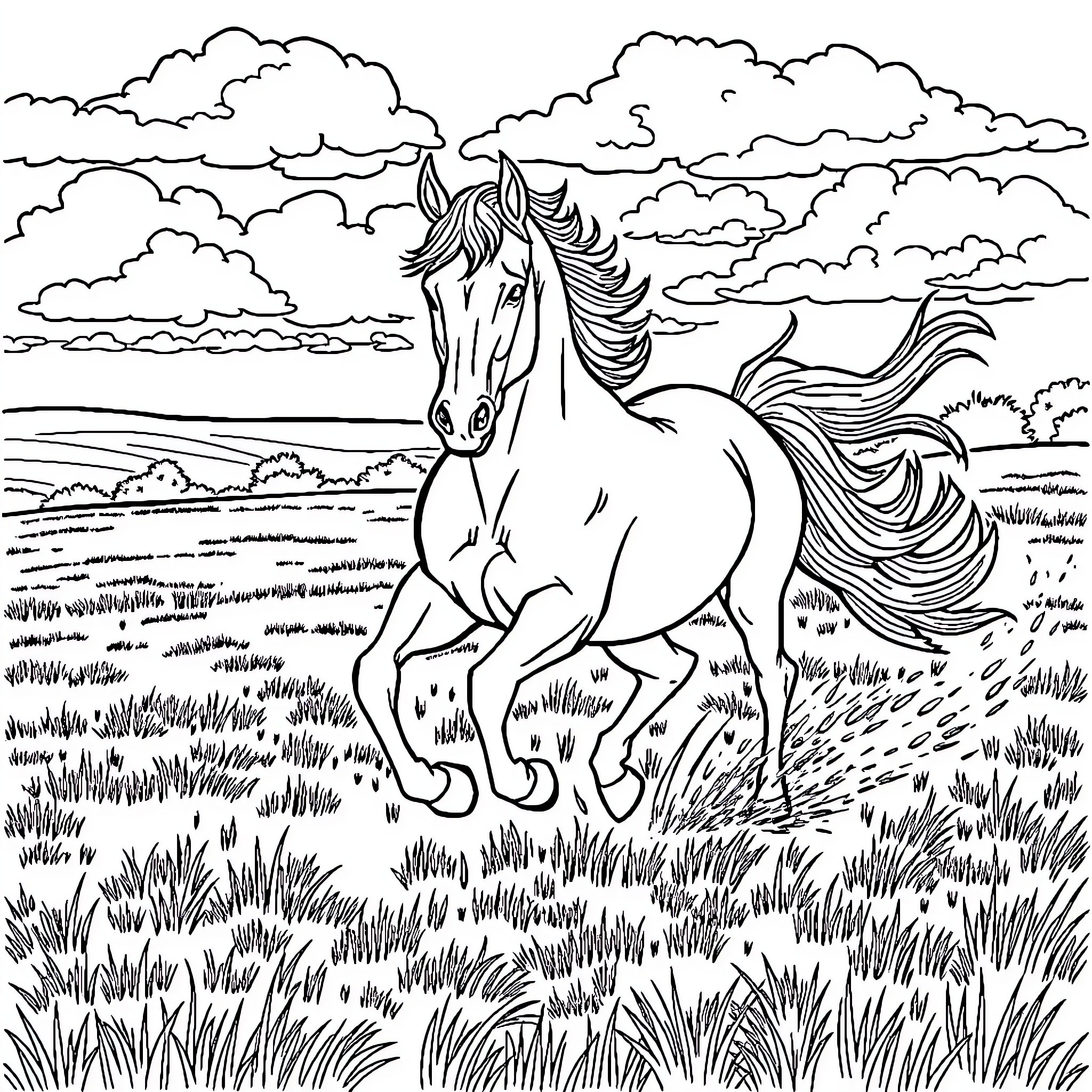 Horse galloping in a scenic field Coloring Page (free black-and-white line drawing printable PDF for all, from beginners to advanced learners, including children, teens, adults, and seniors)