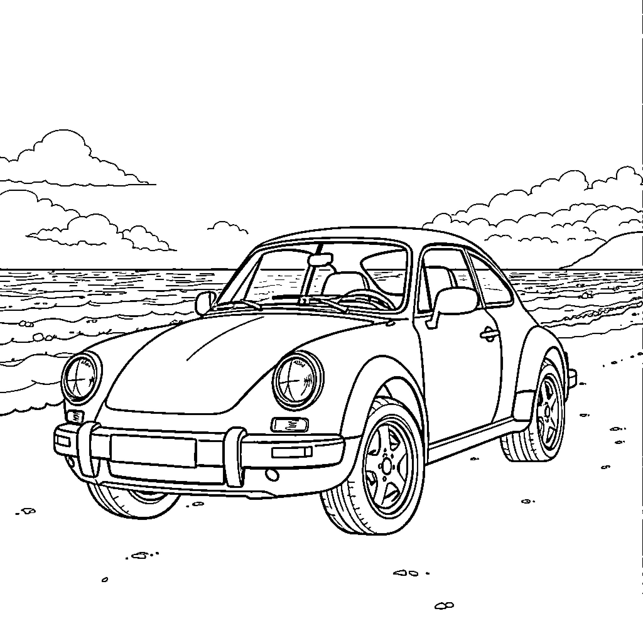 Formula 1 Car on a Coastal Drive Coloring Page (free black-and-white line drawing printable PDF for all, from beginners to advanced learners, including children, teens, adults, and seniors)