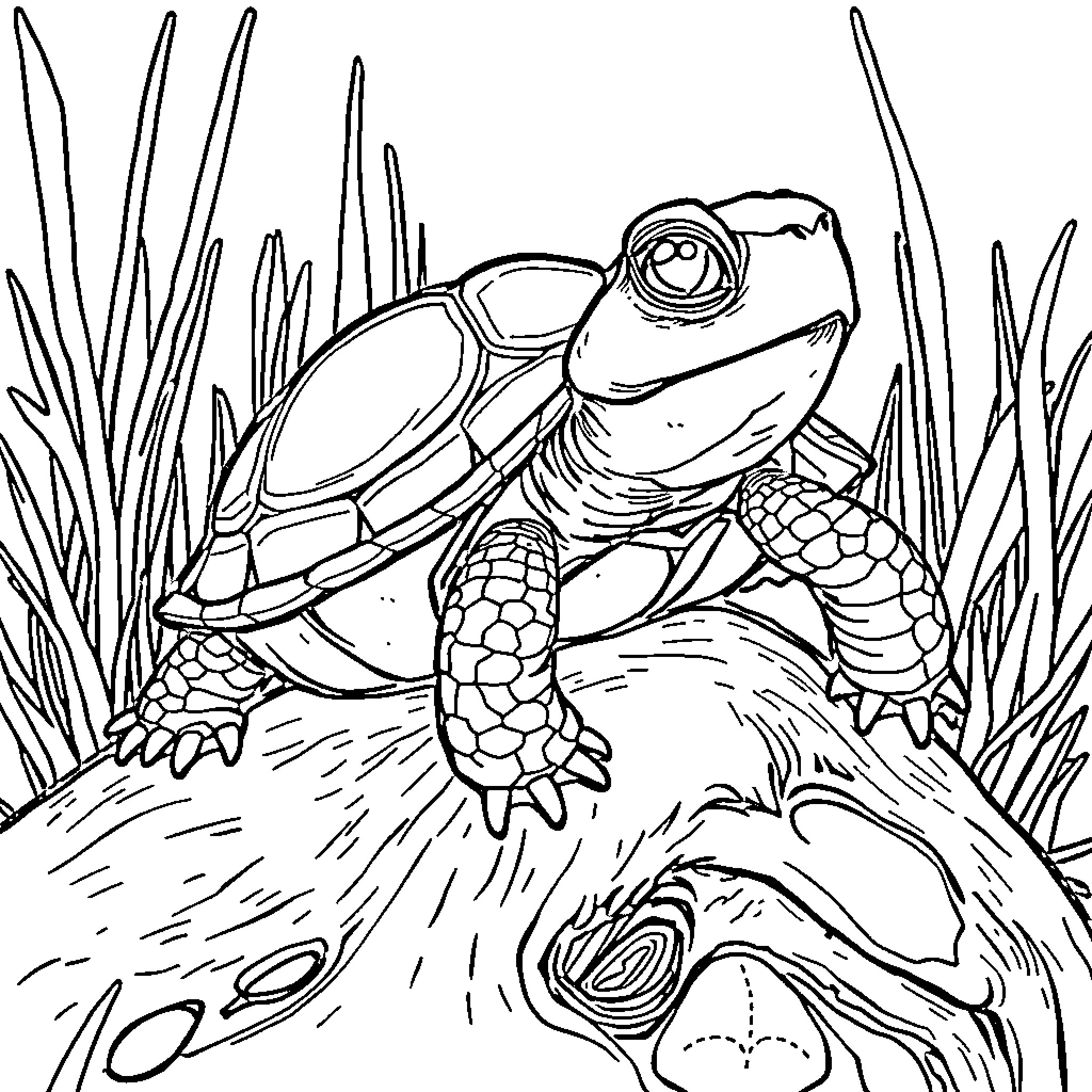 Turtle peering curiously from among the grass Coloring Page (free black-and-white line drawing printable PDF for all, from beginners to advanced learners, including children, teens, adults, and seniors)