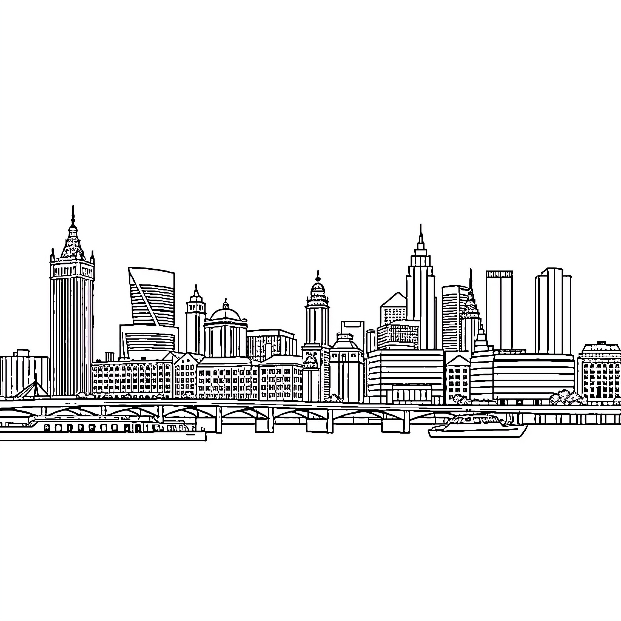 Liverpool Skyline with Iconic Landmarks and Buildings Coloring Page (free black-and-white line drawing printable PDF for all, from beginners to advanced learners, including children, teens, adults, and seniors)