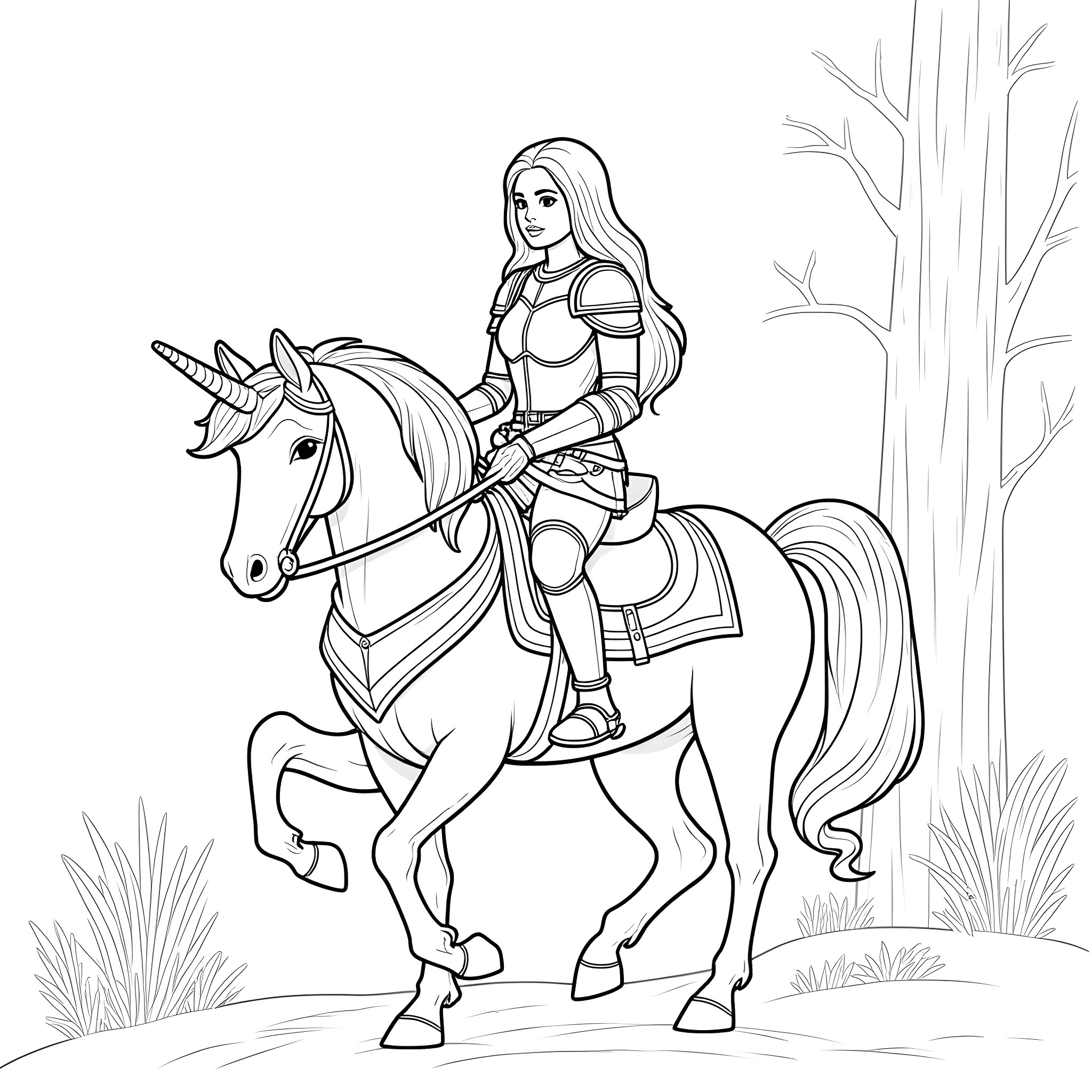 Soldier riding a unicorn through the forest Coloring Page (free black-and-white line drawing printable PDF for all, from beginners to advanced learners, including children, teens, adults, and seniors)