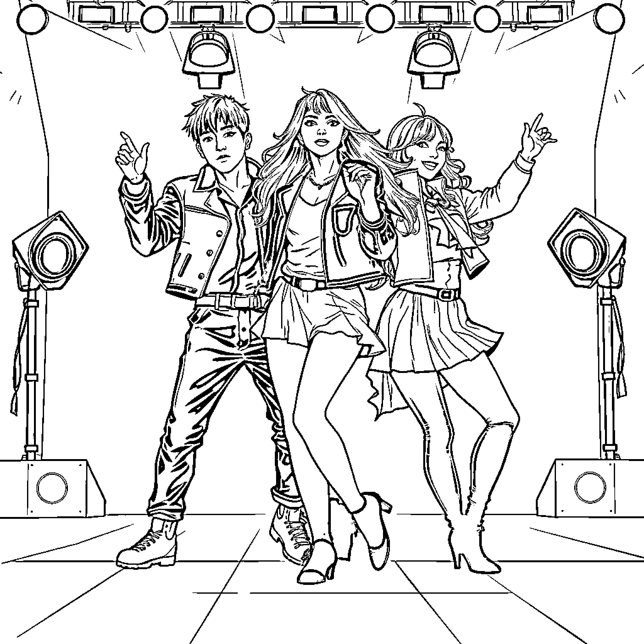 Kpop Warriors Performing on Stage Coloring Page (free black-and-white line drawing printable PDF for all, from beginners to advanced learners, including children, teens, adults, and seniors)
