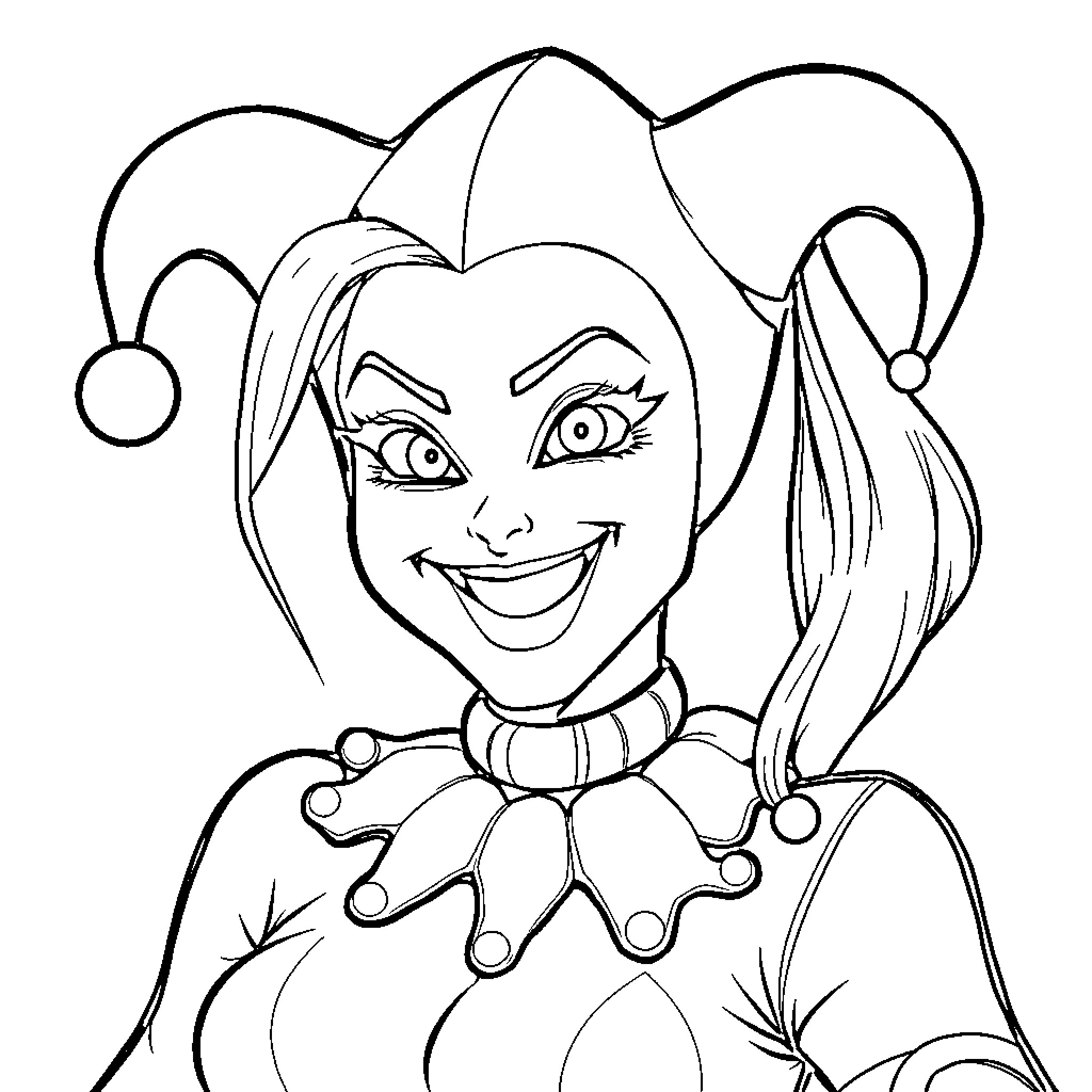 Harley Quinn's Mischievous Grin and Jester Attire Coloring Page (free black-and-white line drawing printable PDF for all, from beginners to advanced learners, including children, teens, adults, and seniors)