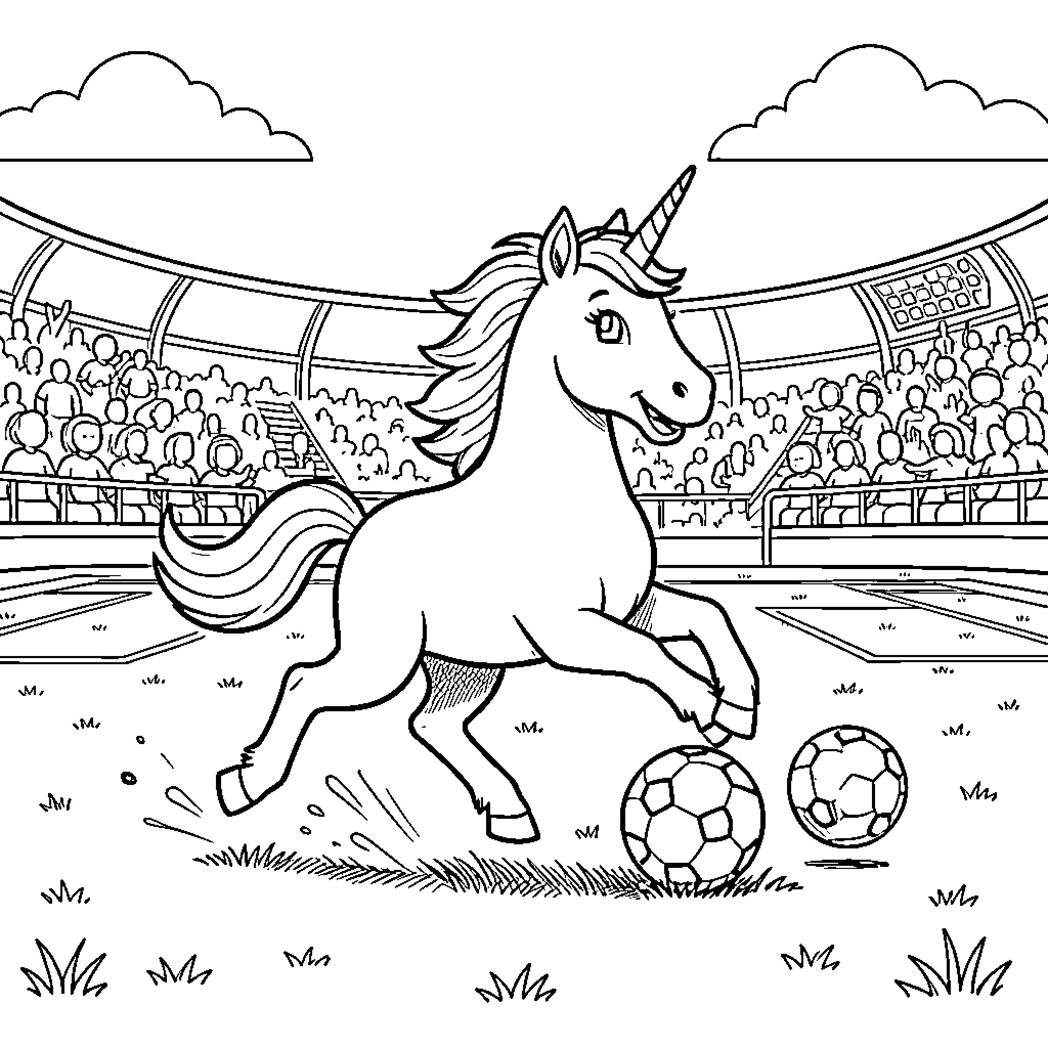 Unicorn playing soccer in a crowded stadium Coloring Page (free black-and-white line drawing printable PDF for all, from beginners to advanced learners, including children, teens, adults, and seniors)