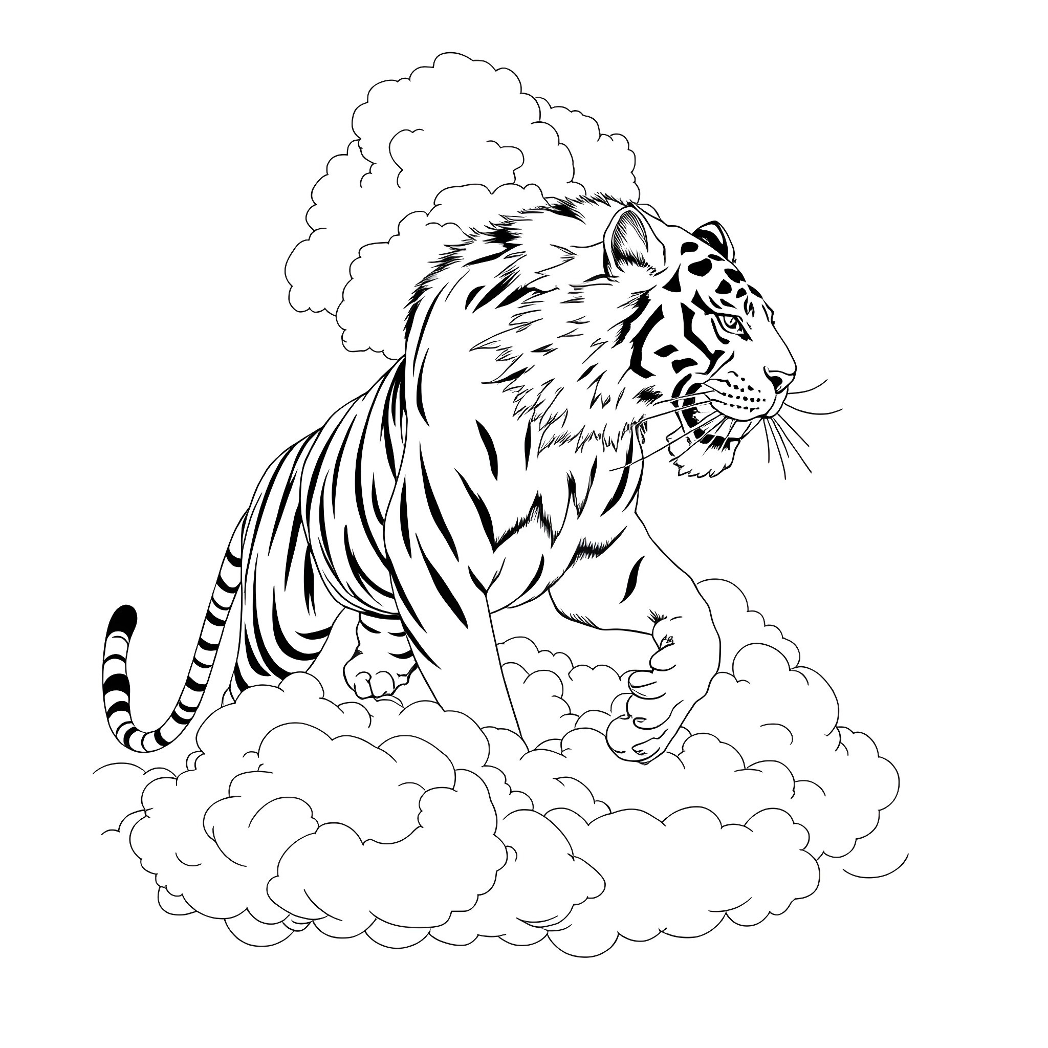 Tiger Roaring Fiercely in Clouds Coloring Page (free black-and-white line drawing printable PDF for all, from beginners to advanced learners, including children, teens, adults, and seniors)