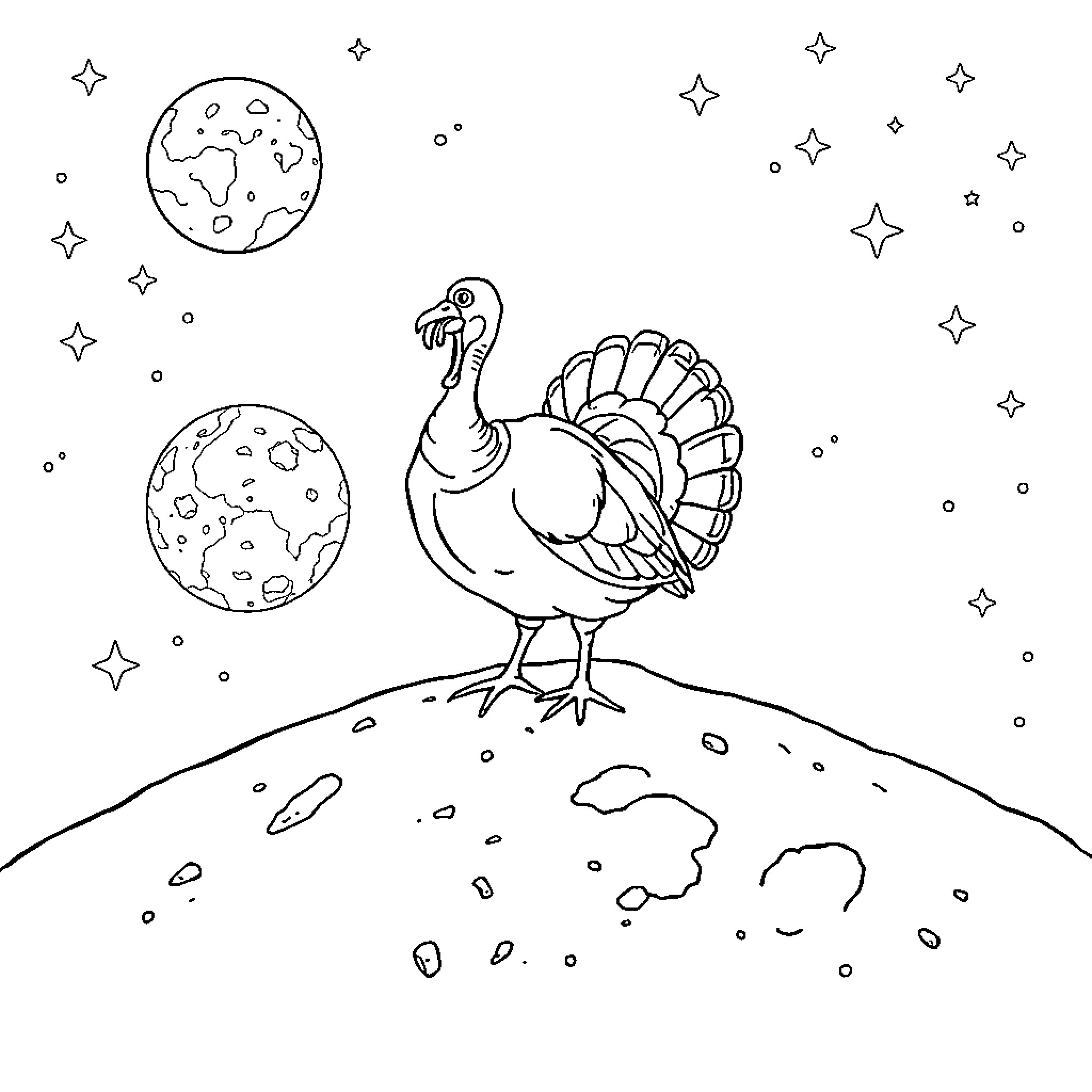 Turkey strolling amidst cosmic wonders Coloring Page (free black-and-white line drawing printable PDF for all, from beginners to advanced learners, including children, teens, adults, and seniors)