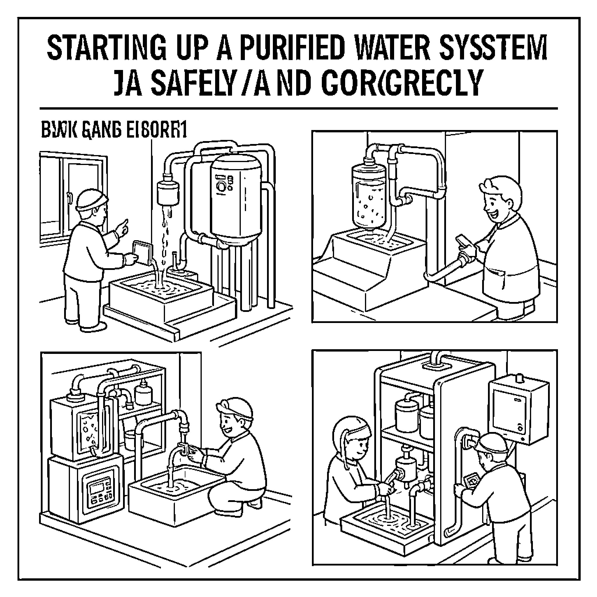 Purified Water system setup by technicians in a facility Coloring Page (free black-and-white line drawing printable PDF for all, from beginners to advanced learners, including children, teens, adults, and seniors)