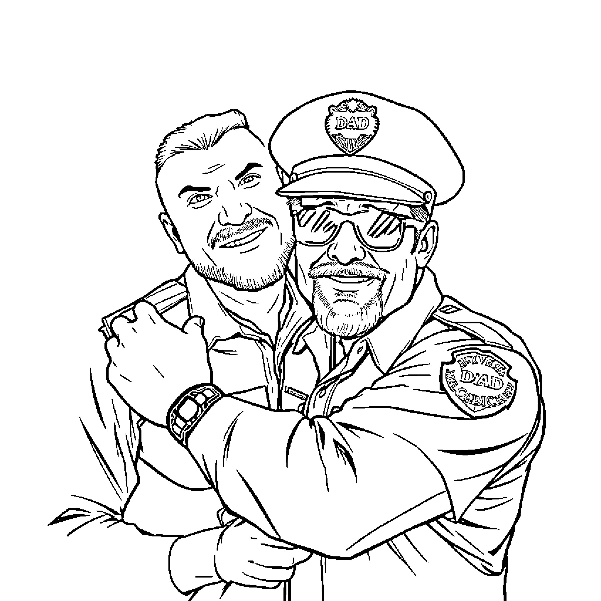 Cop stands with arms crossed, sporting uniform Coloring Page (free black-and-white line drawing printable PDF for all, from beginners to advanced learners, including children, teens, adults, and seniors)