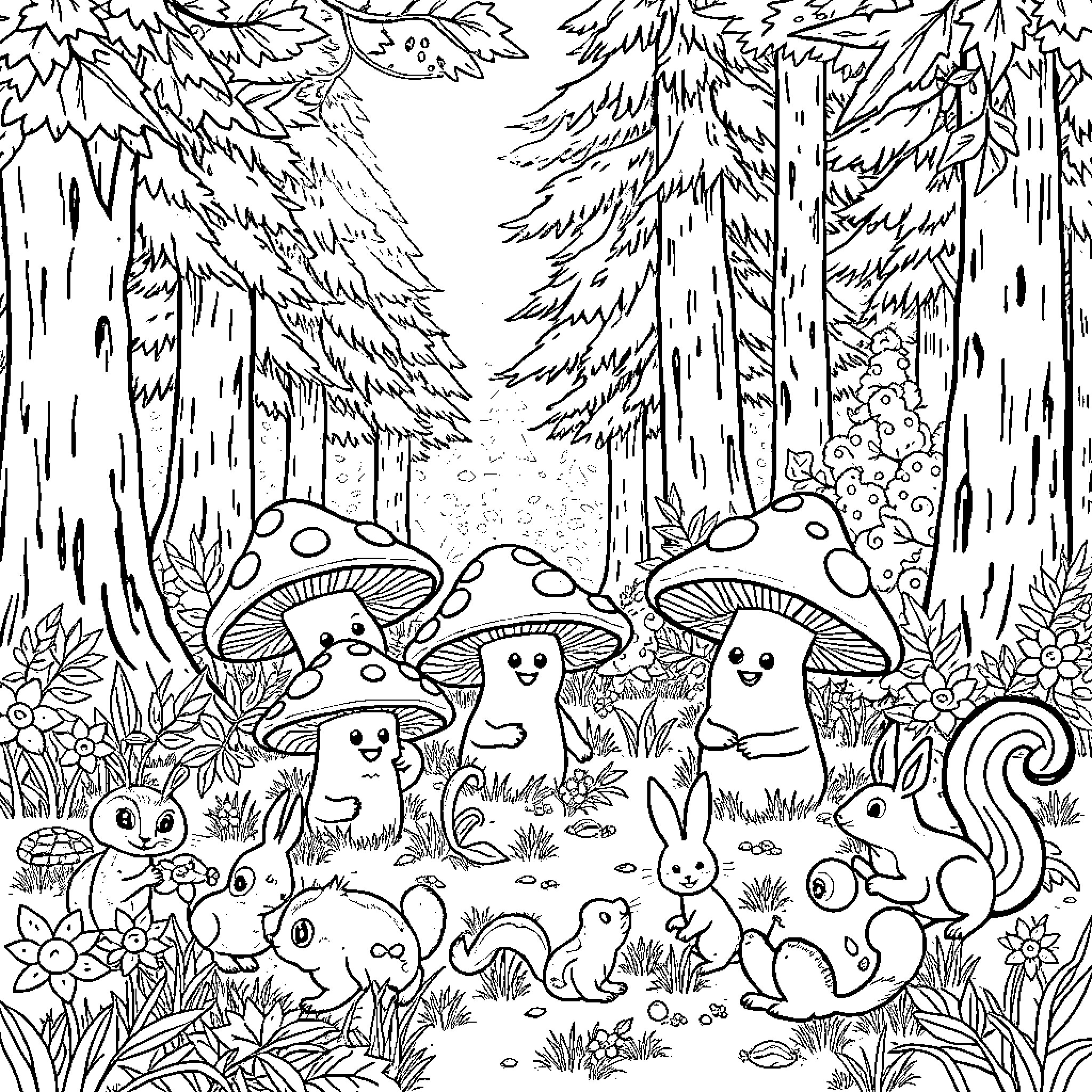 Mushroom Forest Teeming with Whimsical Creatures Coloring Page (free black-and-white line drawing printable PDF for all, from beginners to advanced learners, including children, teens, adults, and seniors)