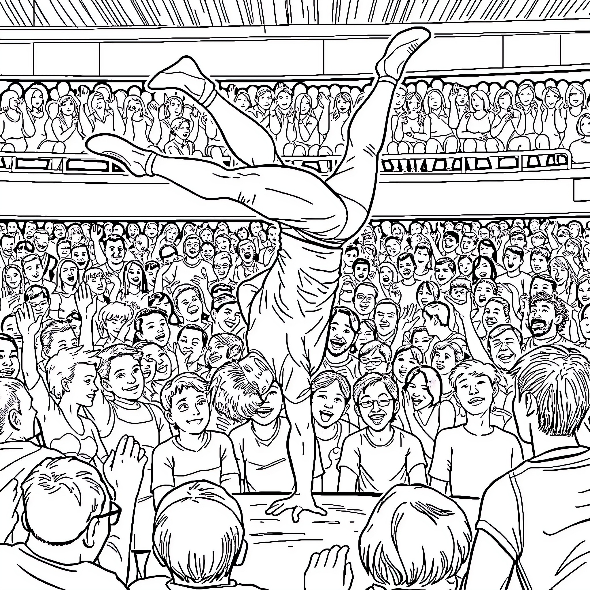 Dominic Le-Hair performing acrobatic stunts in front of an excited crowd Coloring Page (free black-and-white line drawing printable PDF for all, from beginners to advanced learners, including children, teens, adults, and seniors)