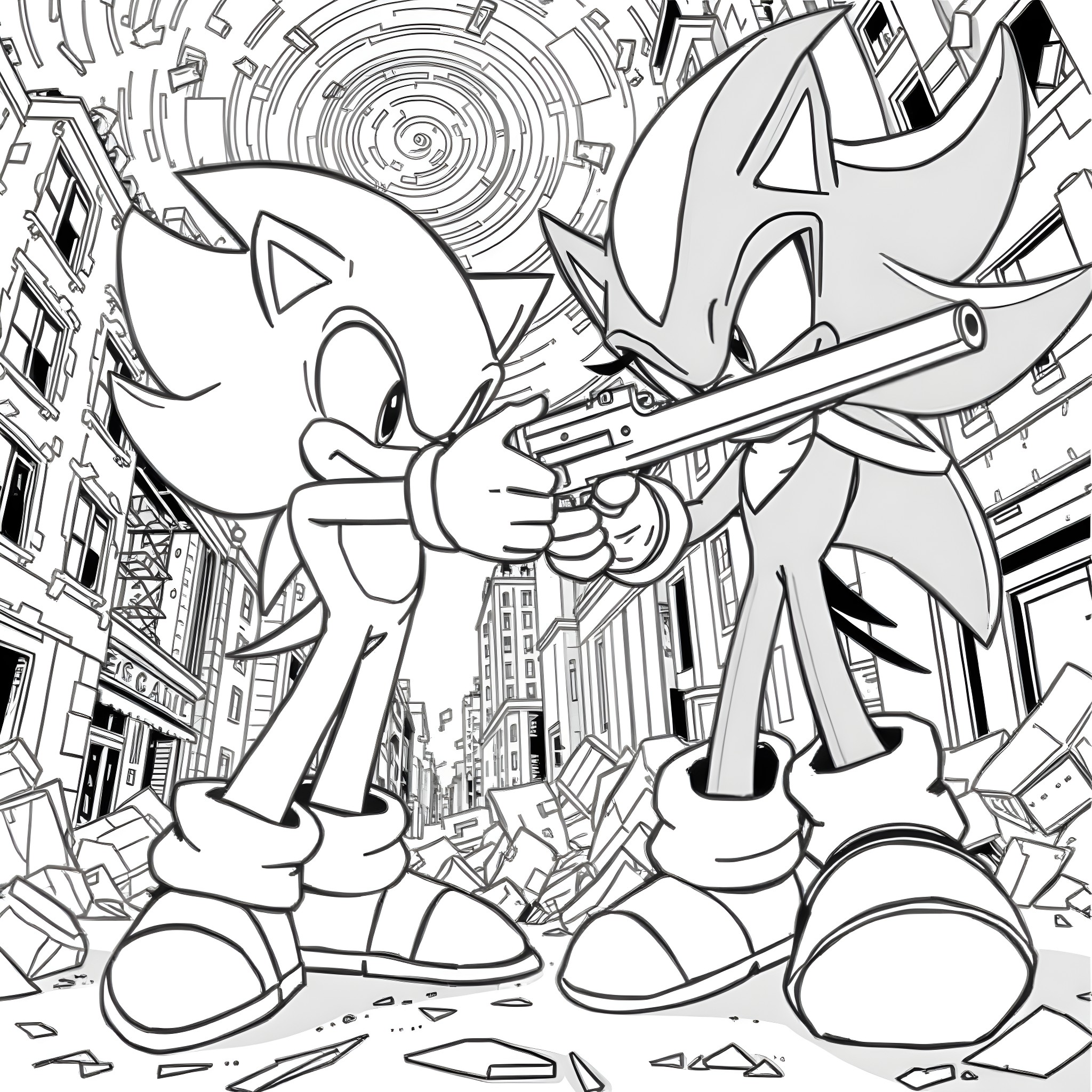 Sonic and Shadow in an action-packed urban scene Coloring Page (free black-and-white line drawing printable PDF for all, from beginners to advanced learners, including children, teens, adults, and seniors)