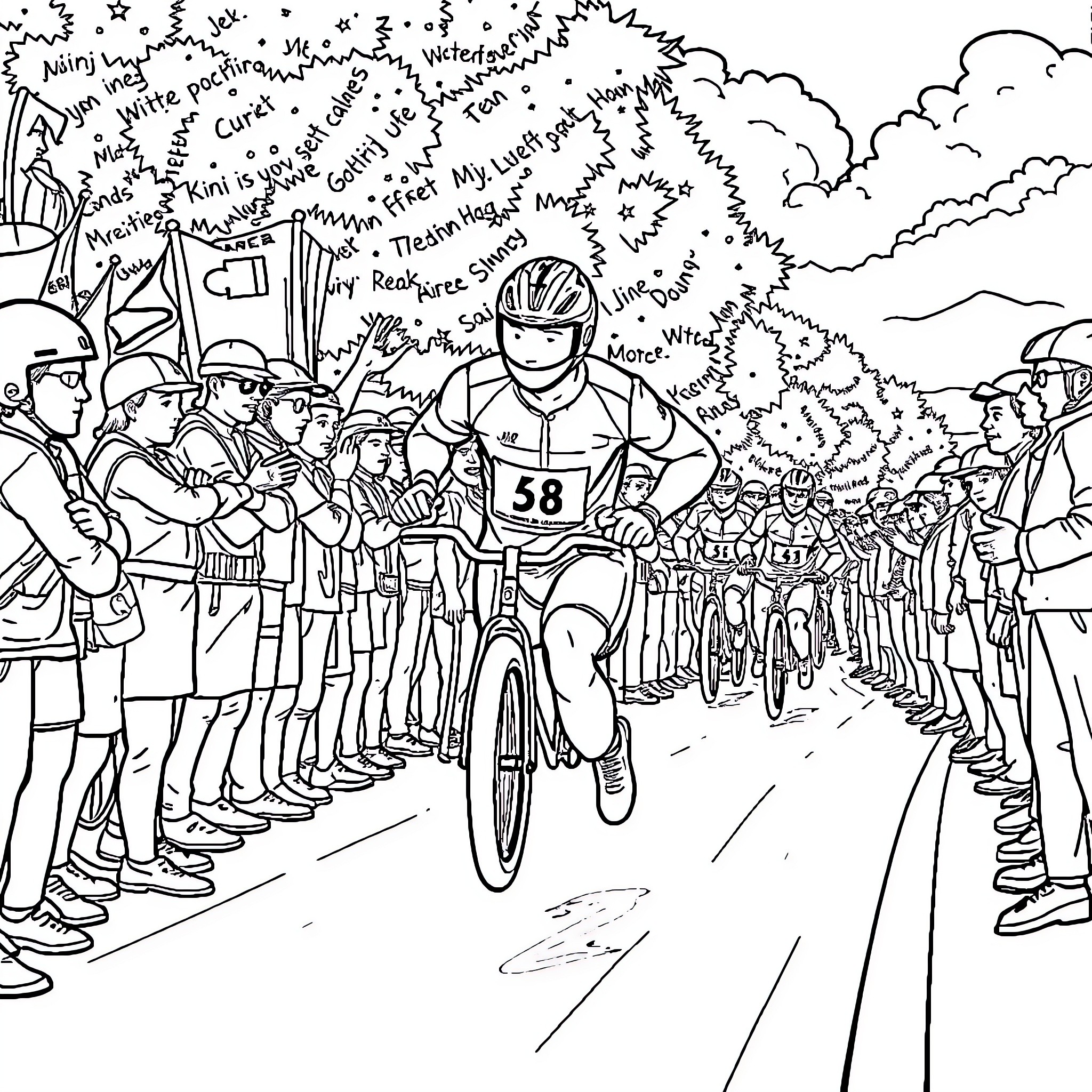 Formula 1 Cyclist Racing Through Enthusiastic Crowd Coloring Page (free black-and-white line drawing printable PDF for all, from beginners to advanced learners, including children, teens, adults, and seniors)