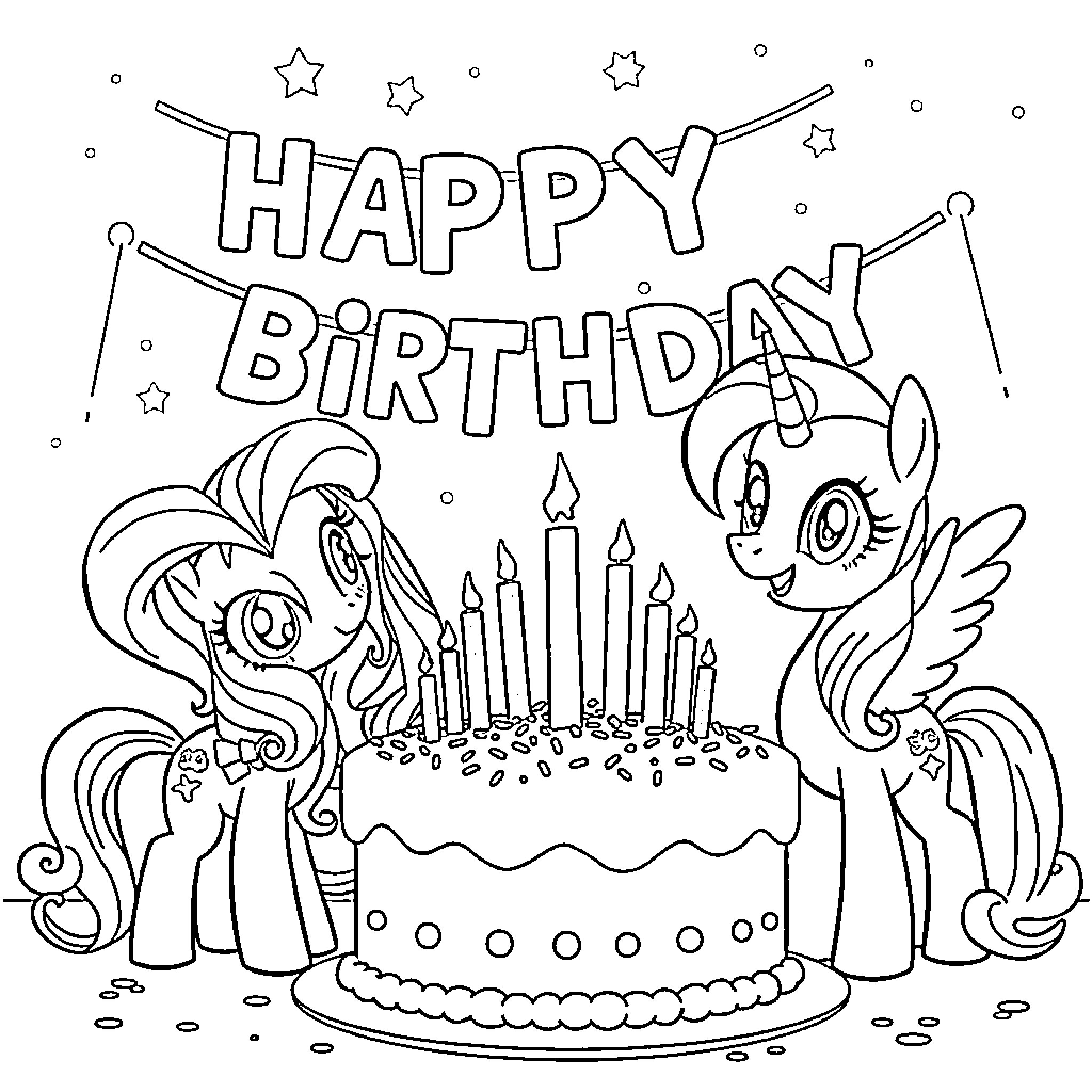 Pony friends celebrating a birthday party Coloring Page (free black-and-white line drawing printable PDF for all, from beginners to advanced learners, including children, teens, adults, and seniors)