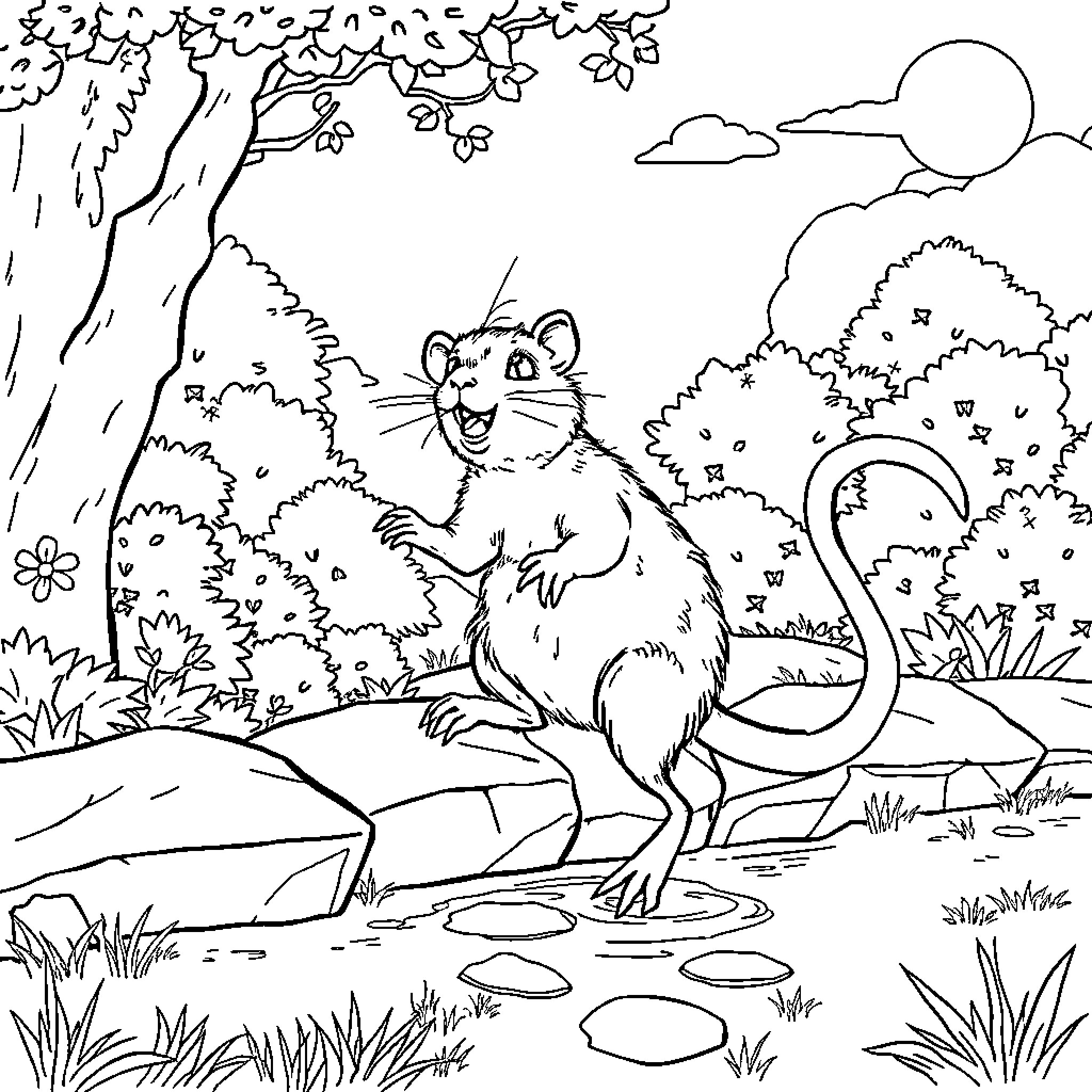 Rata exploring the vibrant nature Coloring Page (free black-and-white line drawing printable PDF for all, from beginners to advanced learners, including children, teens, adults, and seniors)