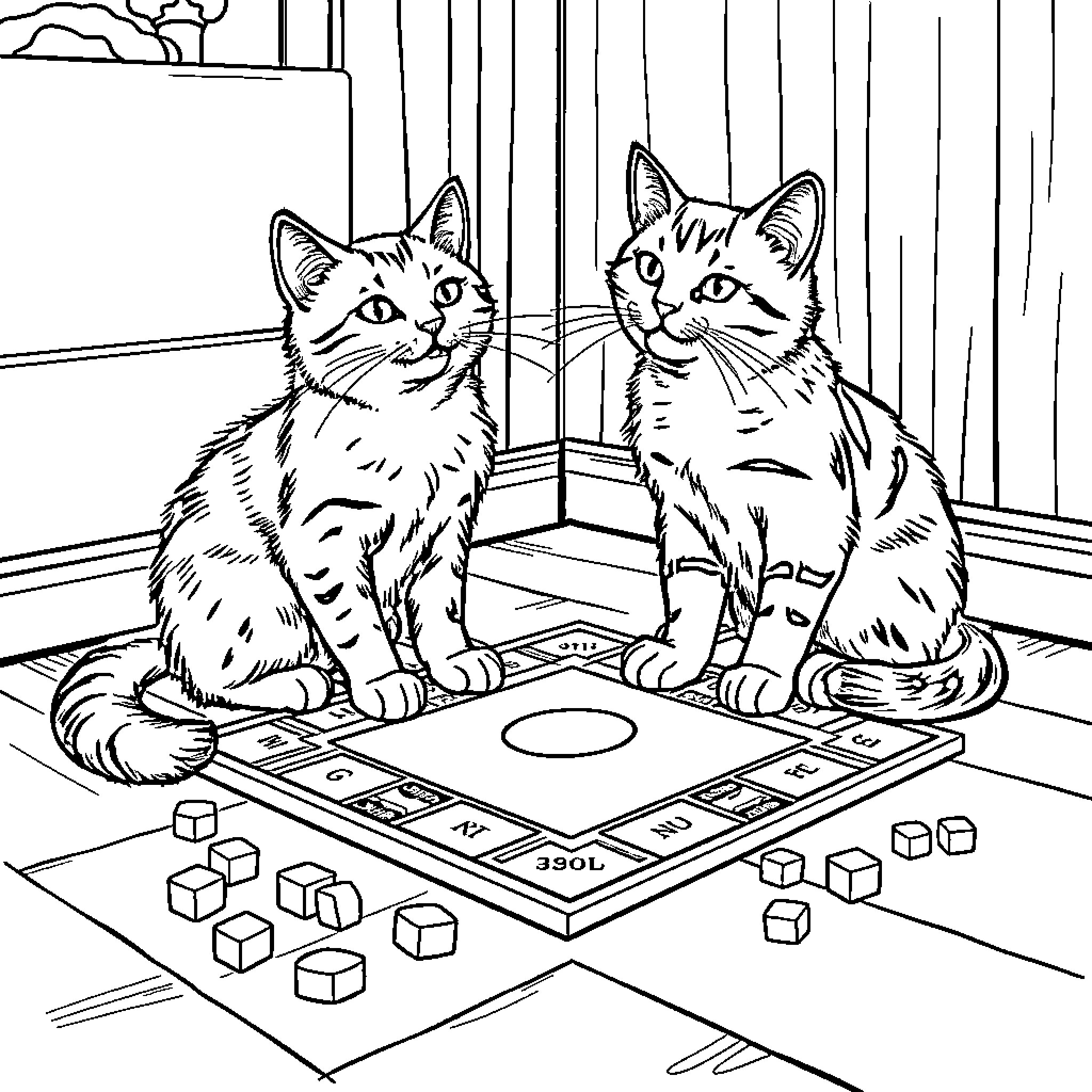 Cat Playing with Board Game Coloring Page (free black-and-white line drawing printable PDF for all, from beginners to advanced learners, including children, teens, adults, and seniors)