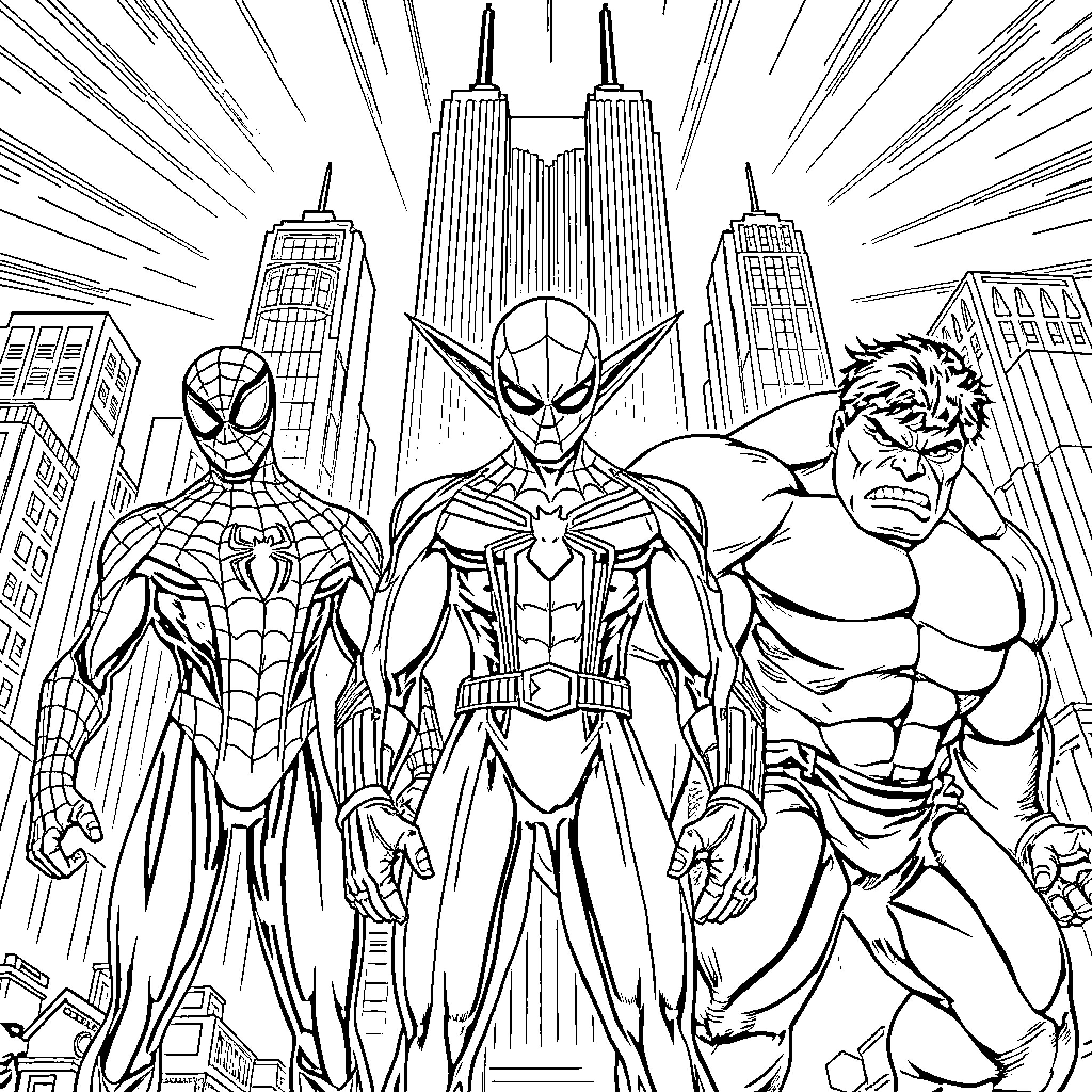 Goblin Superheroes Saving the City Coloring Page (free black-and-white line drawing printable PDF for all, from beginners to advanced learners, including children, teens, adults, and seniors)
