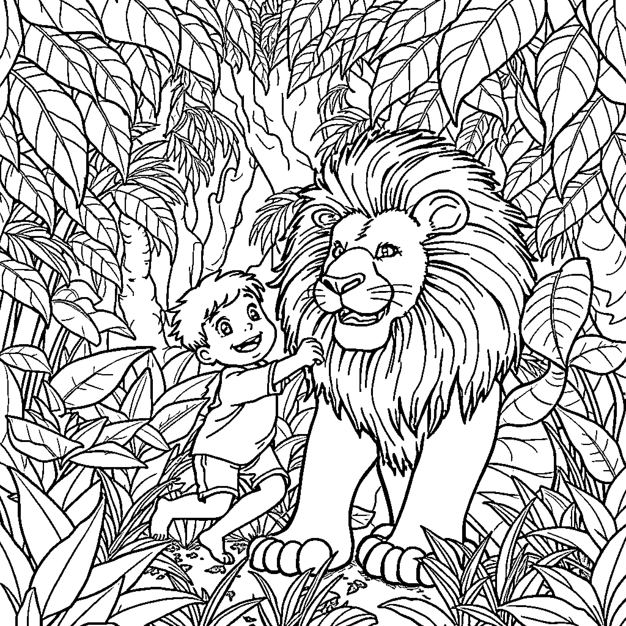 Child and Lion in the Jungle Coloring Page (free black-and-white line drawing printable PDF for all, from beginners to advanced learners, including children, teens, adults, and seniors)