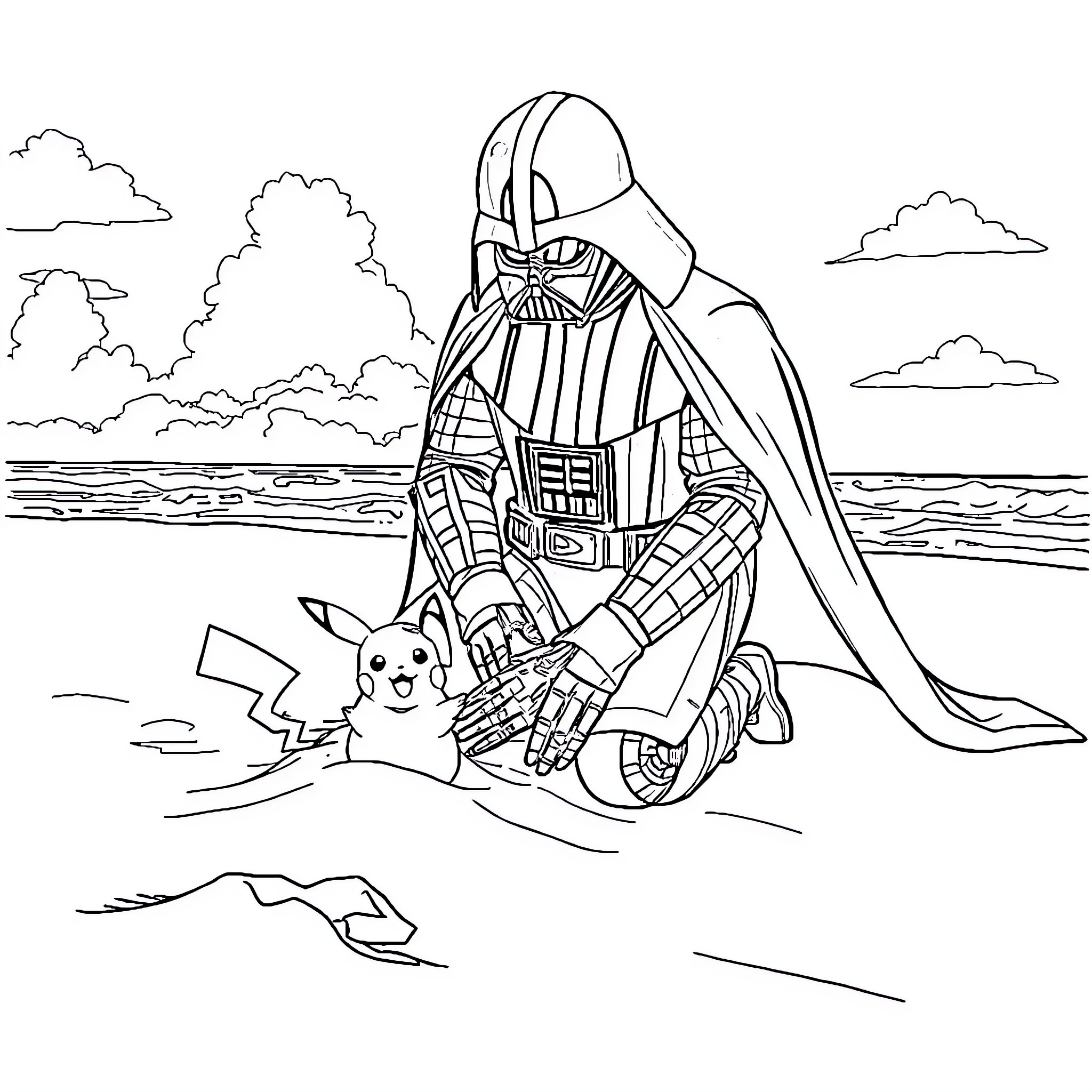 Darth Vader sitting with a furry companion Coloring Page (free black-and-white line drawing printable PDF for all, from beginners to advanced learners, including children, teens, adults, and seniors)