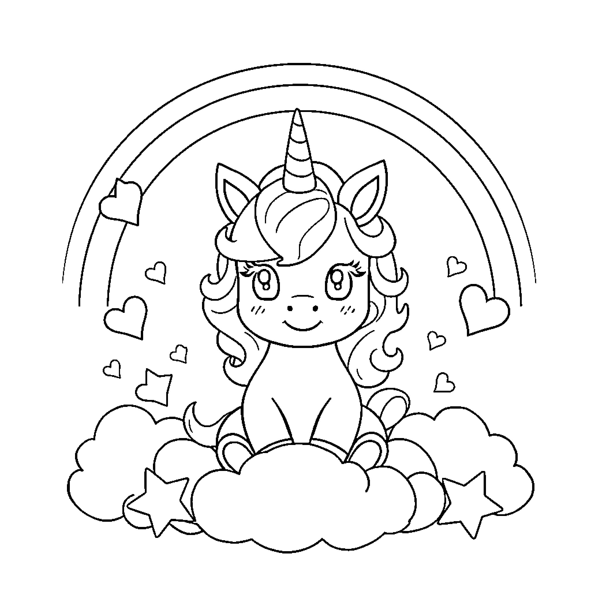 Unicorn playing among clouds and hearts Coloring Page (free black-and-white line drawing printable PDF for all, from beginners to advanced learners, including children, teens, adults, and seniors)