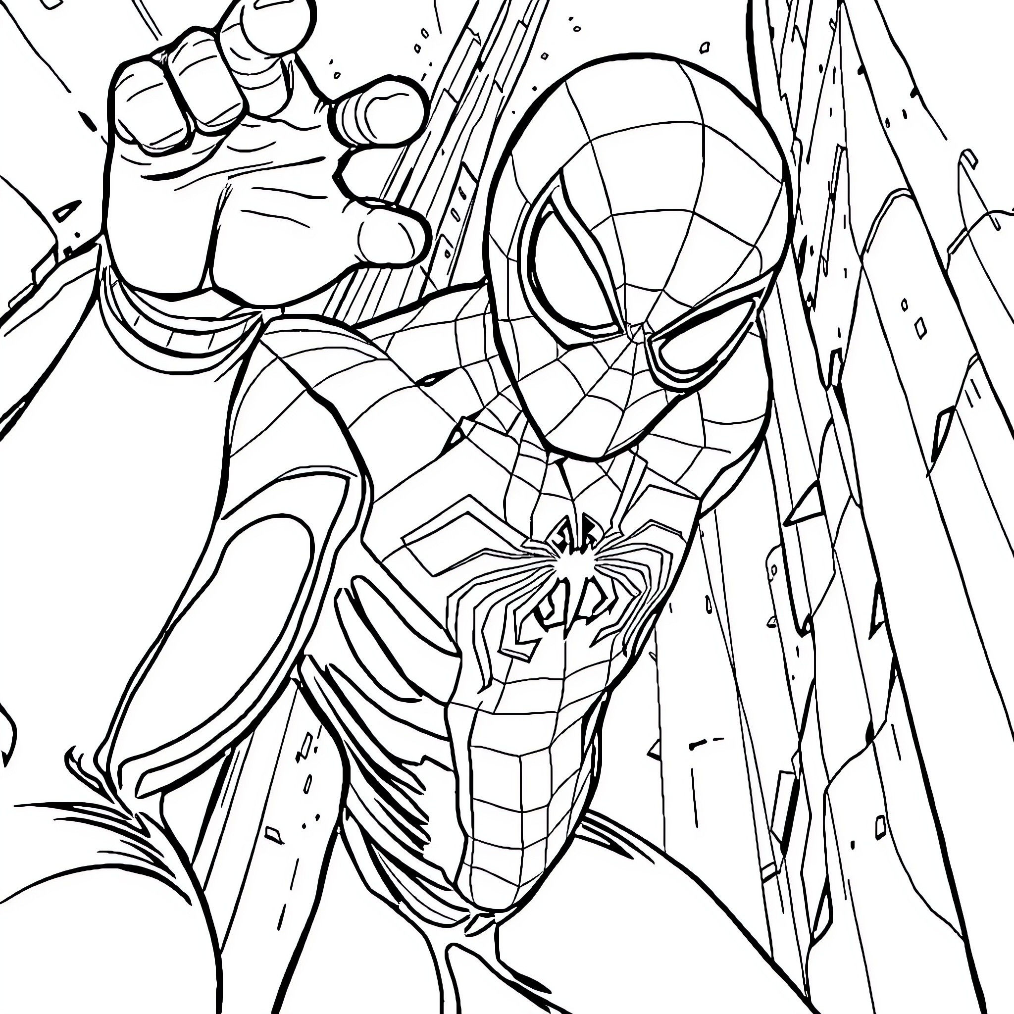 Spiderman heroically swinging through the city Coloring Page (free black-and-white line drawing printable PDF for all, from beginners to advanced learners, including children, teens, adults, and seniors)