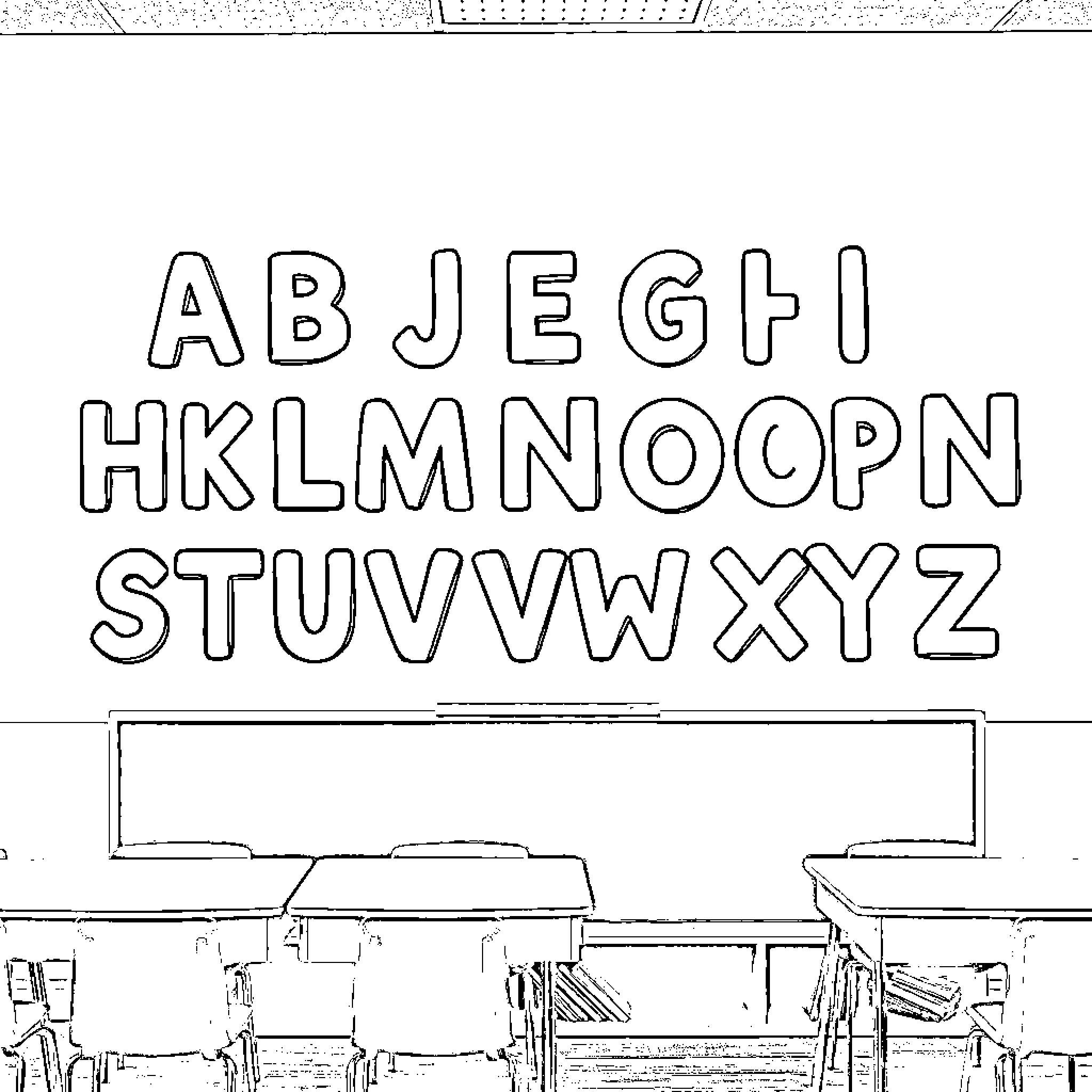 Alphabet Letters in Classroom Setting Coloring Page (free black-and-white line drawing printable PDF for all, from beginners to advanced learners, including children, teens, adults, and seniors)