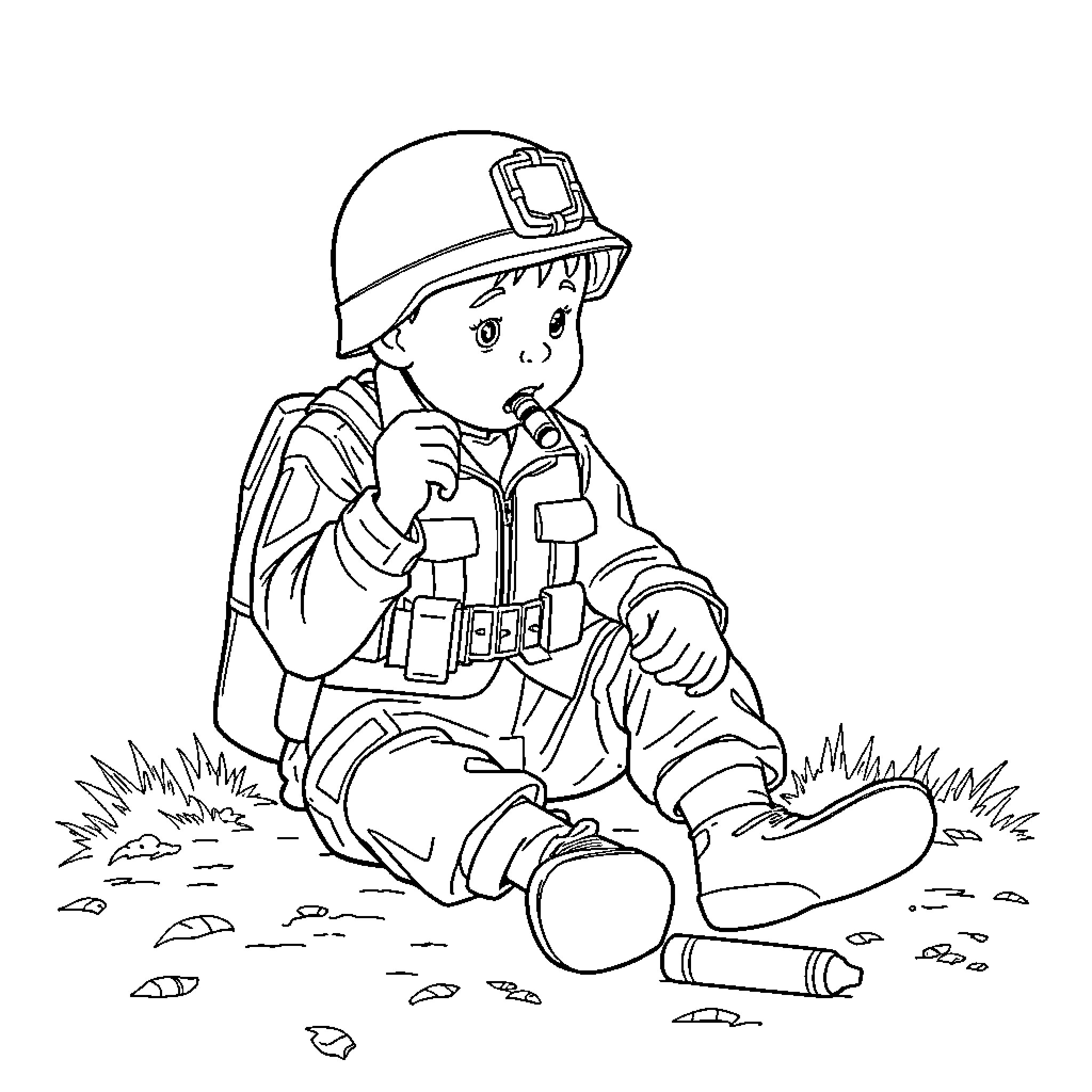 Soldier taking a break in the field Coloring Page (free black-and-white line drawing printable PDF for all, from beginners to advanced learners, including children, teens, adults, and seniors)