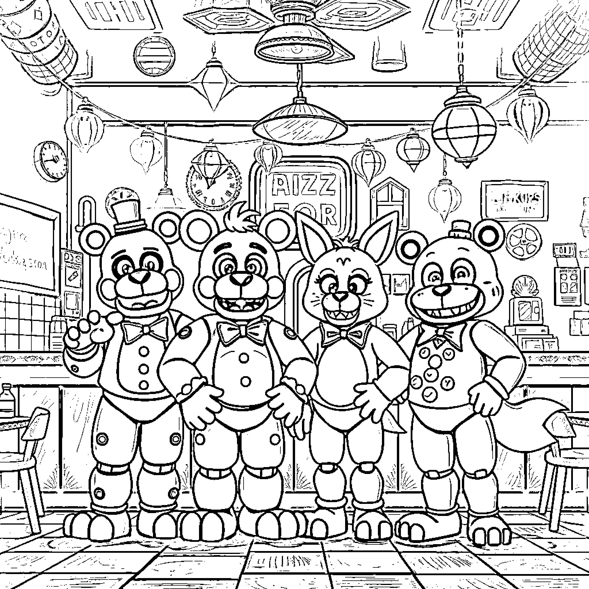 Five Nights At Freddy's: Animatronic Characters in Diner Coloring Page (free black-and-white line drawing printable PDF for all, from beginners to advanced learners, including children, teens, adults, and seniors)