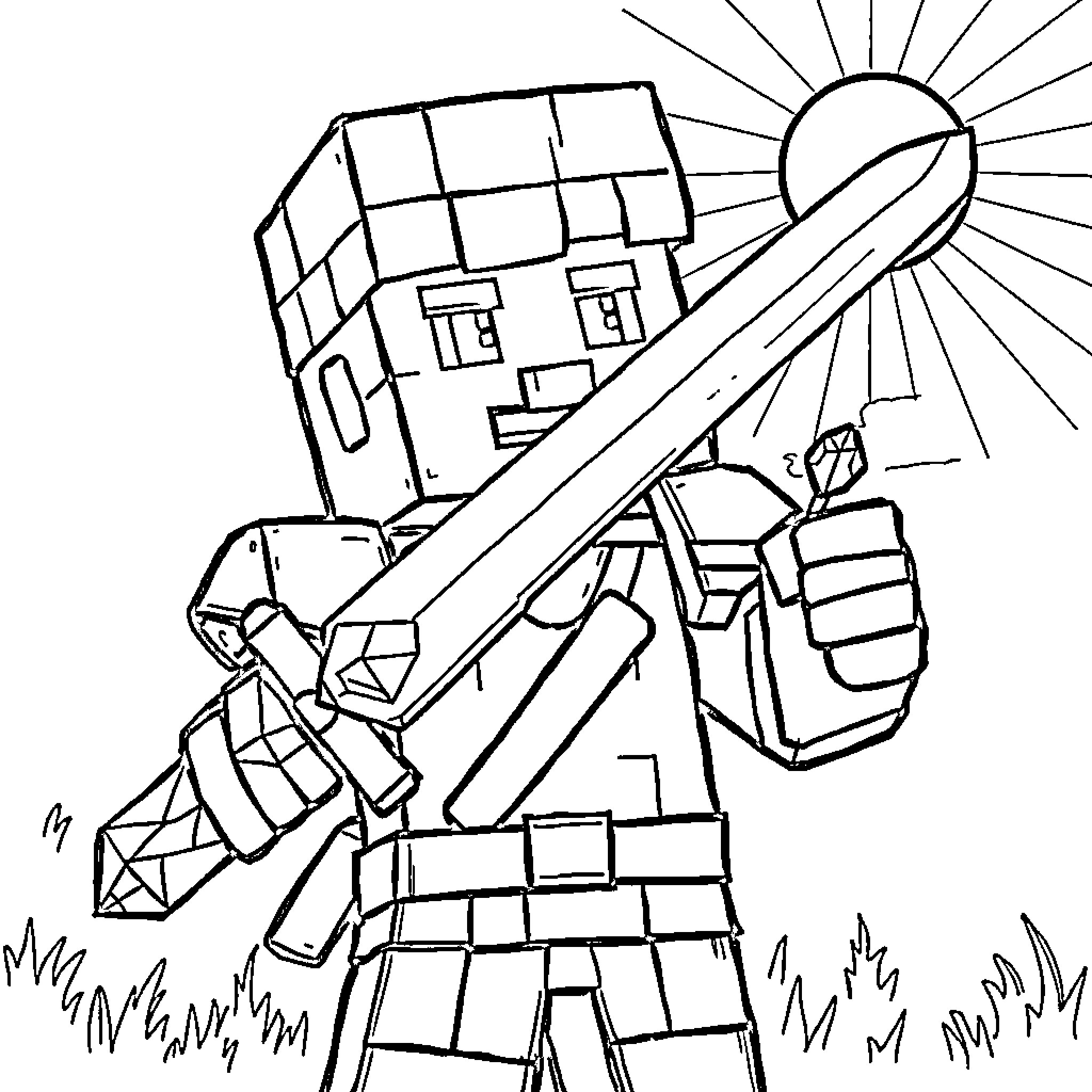 Steve exploring the blocky landscape with his tools Coloring Page (free black-and-white line drawing printable PDF for all, from beginners to advanced learners, including children, teens, adults, and seniors)