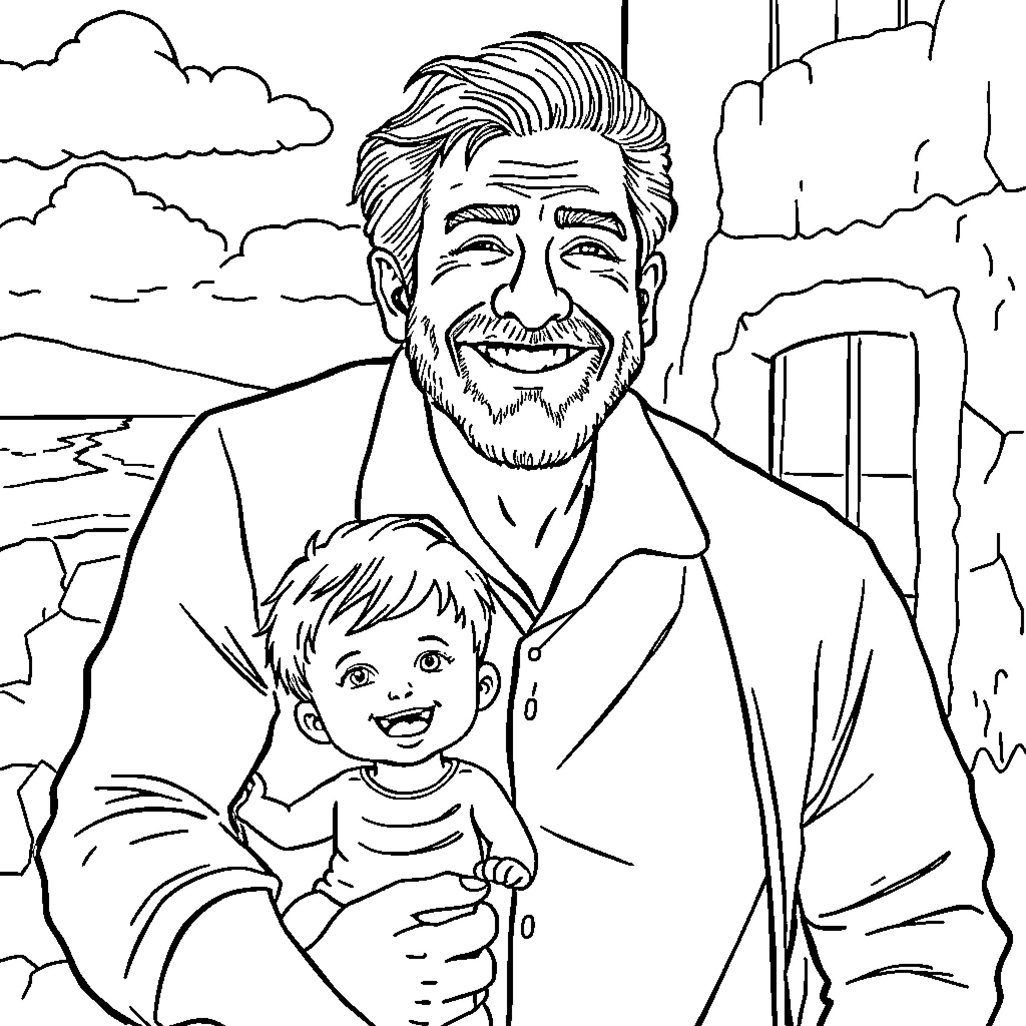 Man and child smiling warmly in countryside Coloring Page (free black-and-white line drawing printable PDF for all, from beginners to advanced learners, including children, teens, adults, and seniors)