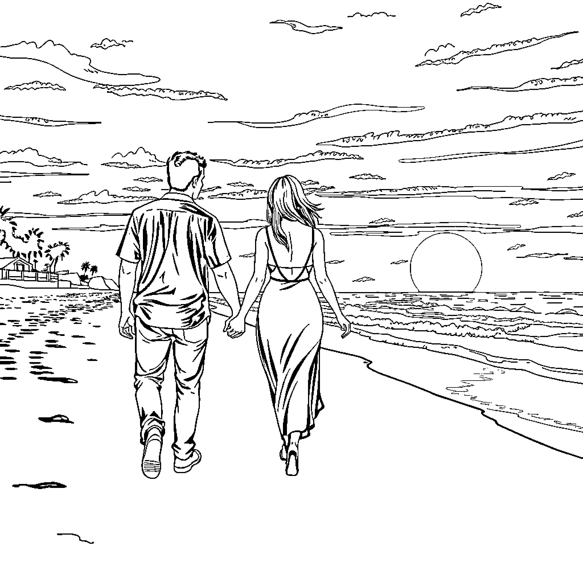 Couple enjoying a romantic sunset stroll on the beach Coloring Page (free black-and-white line drawing printable PDF for all, from beginners to advanced learners, including children, teens, adults, and seniors)