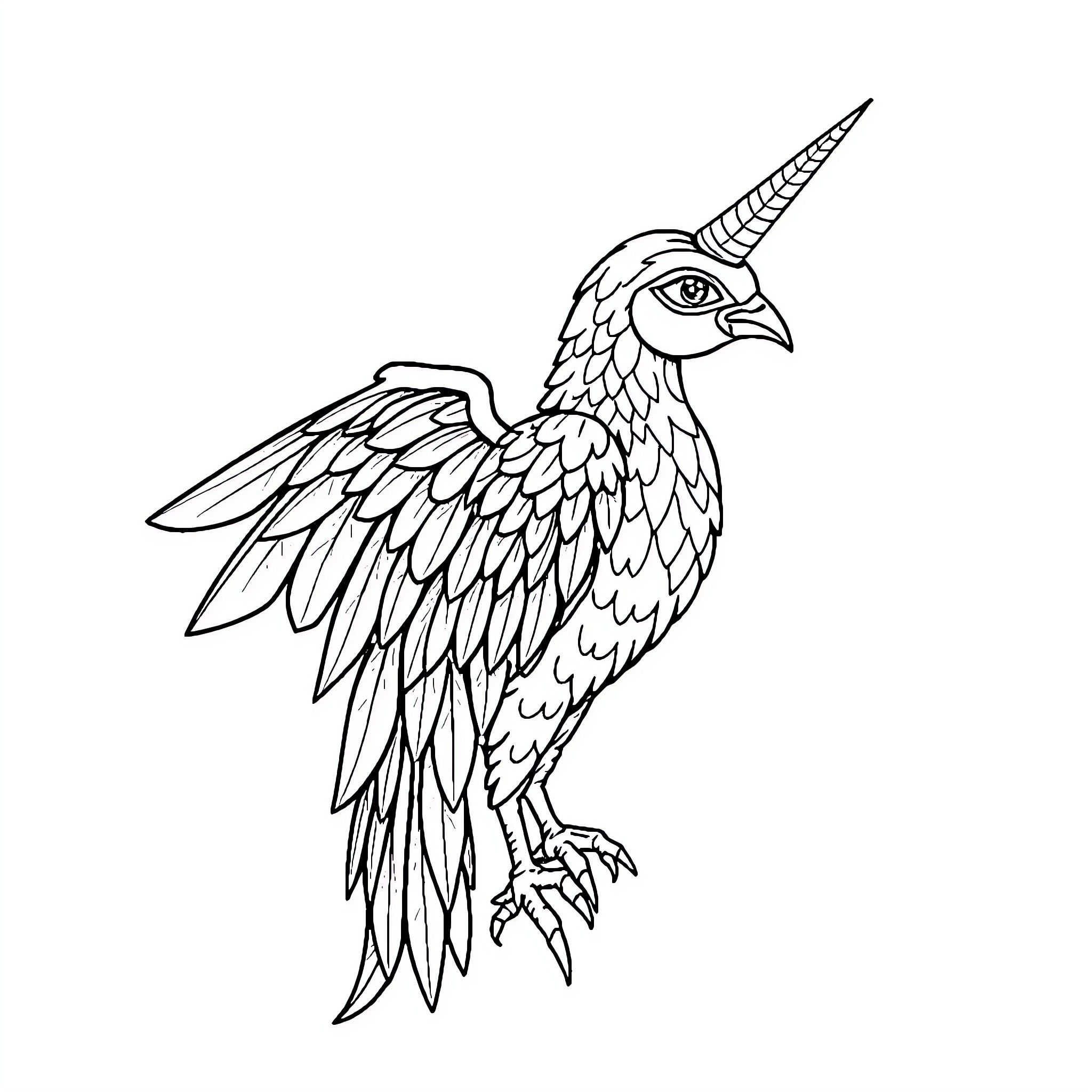 Unicorn-inspired Majestic Winged Creature Coloring Page (free black-and-white line drawing printable PDF for all, from beginners to advanced learners, including children, teens, adults, and seniors)