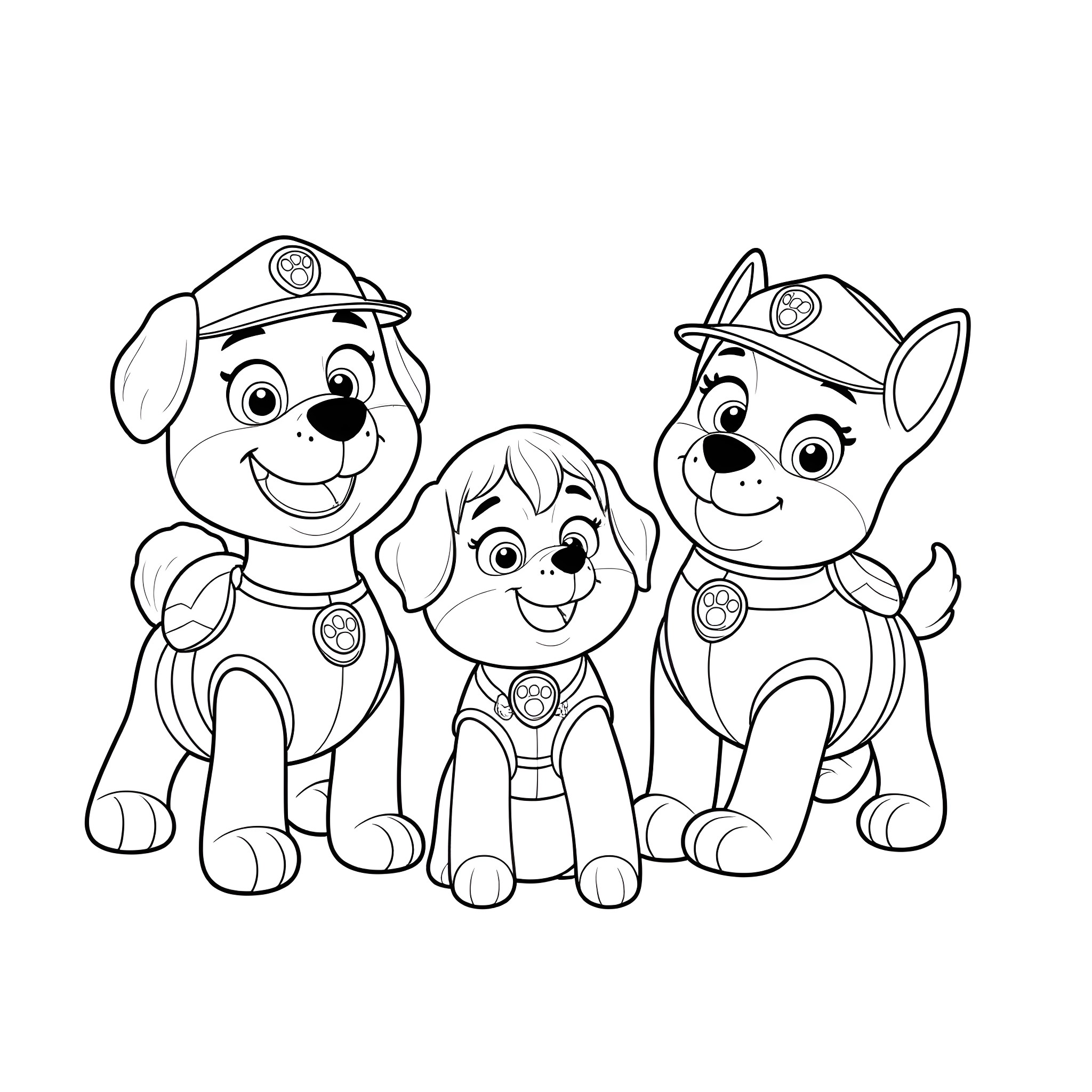 Paw Patrol puppies in uniform posing together Coloring Page (free black-and-white line drawing printable PDF for all, from beginners to advanced learners, including children, teens, adults, and seniors)