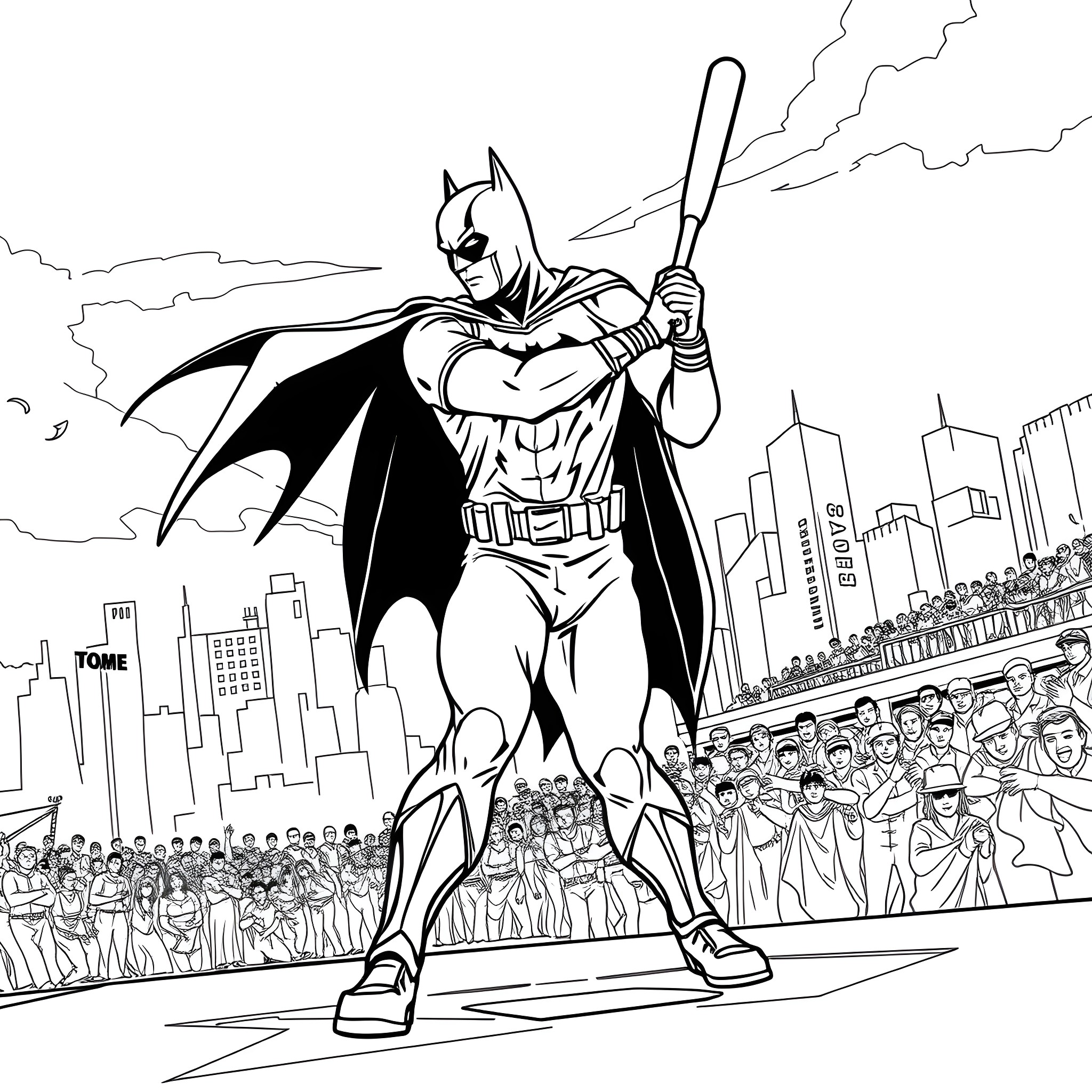 Batman fighting against the crowd in the city Coloring Page (free black-and-white line drawing printable PDF for all, from beginners to advanced learners, including children, teens, adults, and seniors)
