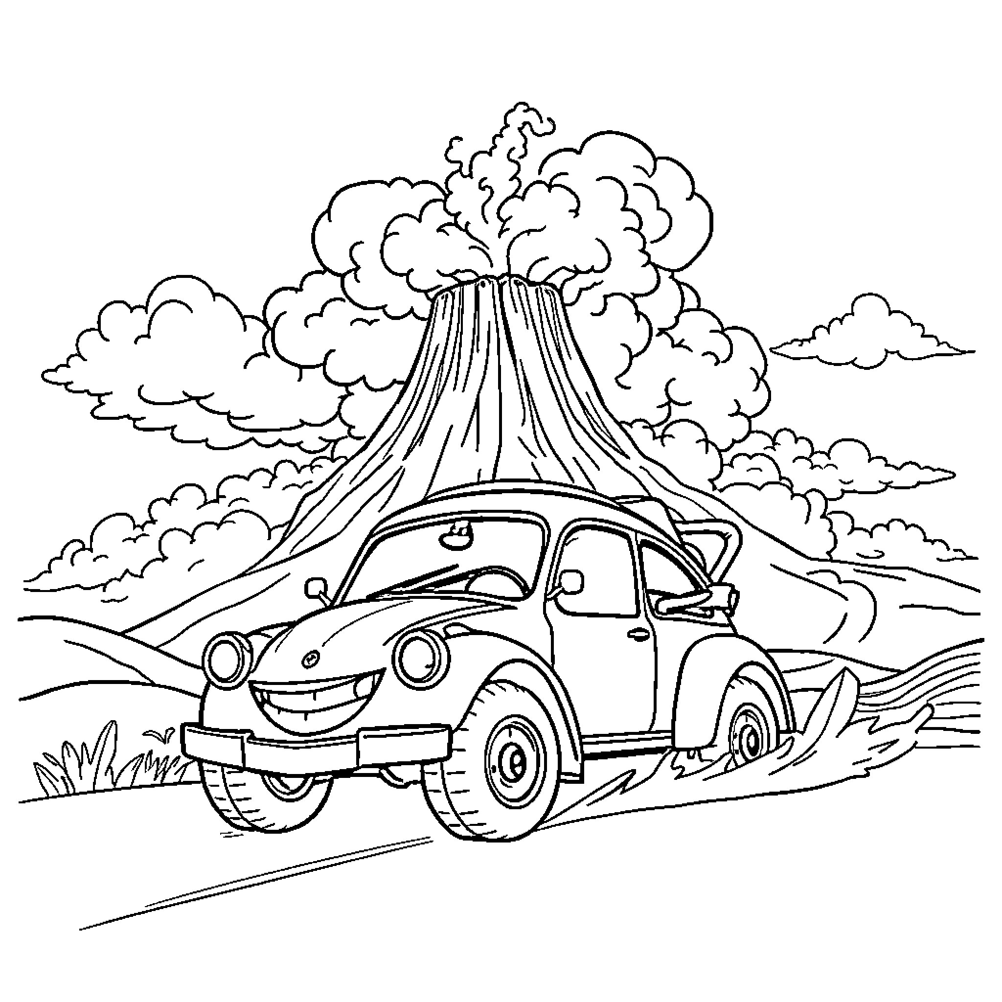 Voiture traversant le paysage volcanique Coloring Page (free black-and-white line drawing printable PDF for all, from beginners to advanced learners, including children, teens, adults, and seniors)