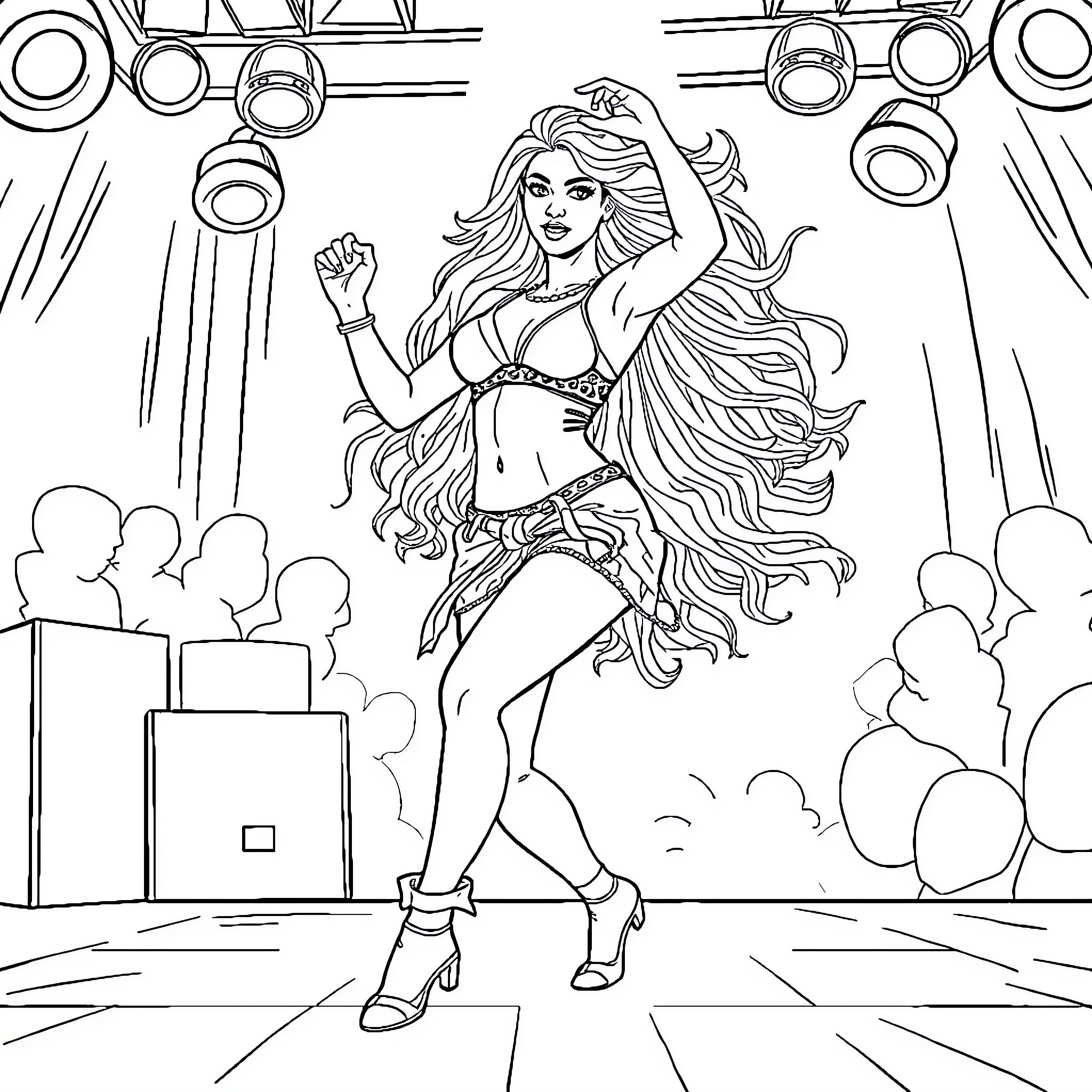 Shakira performing on stage with energetic dance moves Coloring Page (free black-and-white line drawing printable PDF for all, from beginners to advanced learners, including children, teens, adults, and seniors)