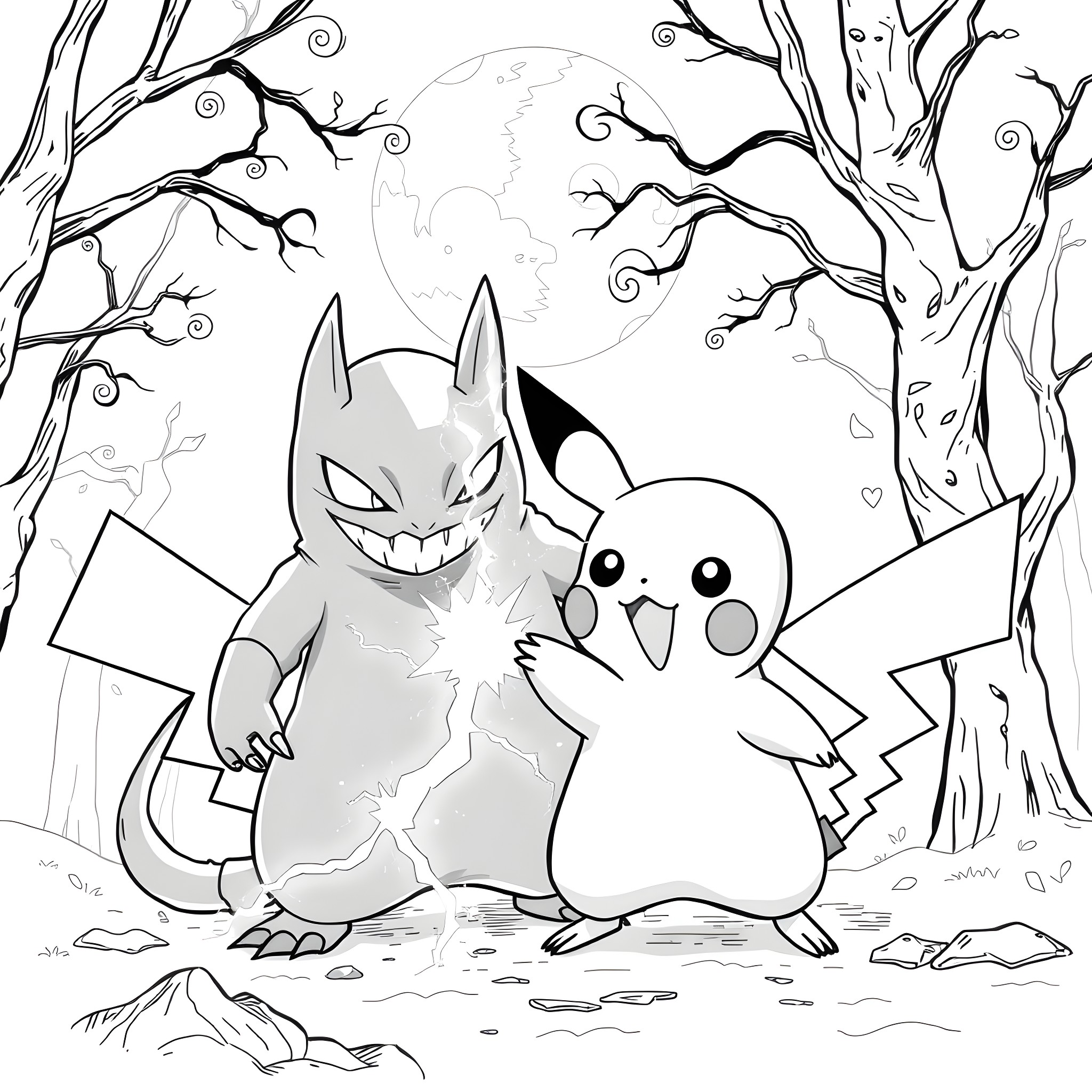 Pikachu and Gengar in the spooky forest Coloring Page (free black-and-white line drawing printable PDF for all, from beginners to advanced learners, including children, teens, adults, and seniors)