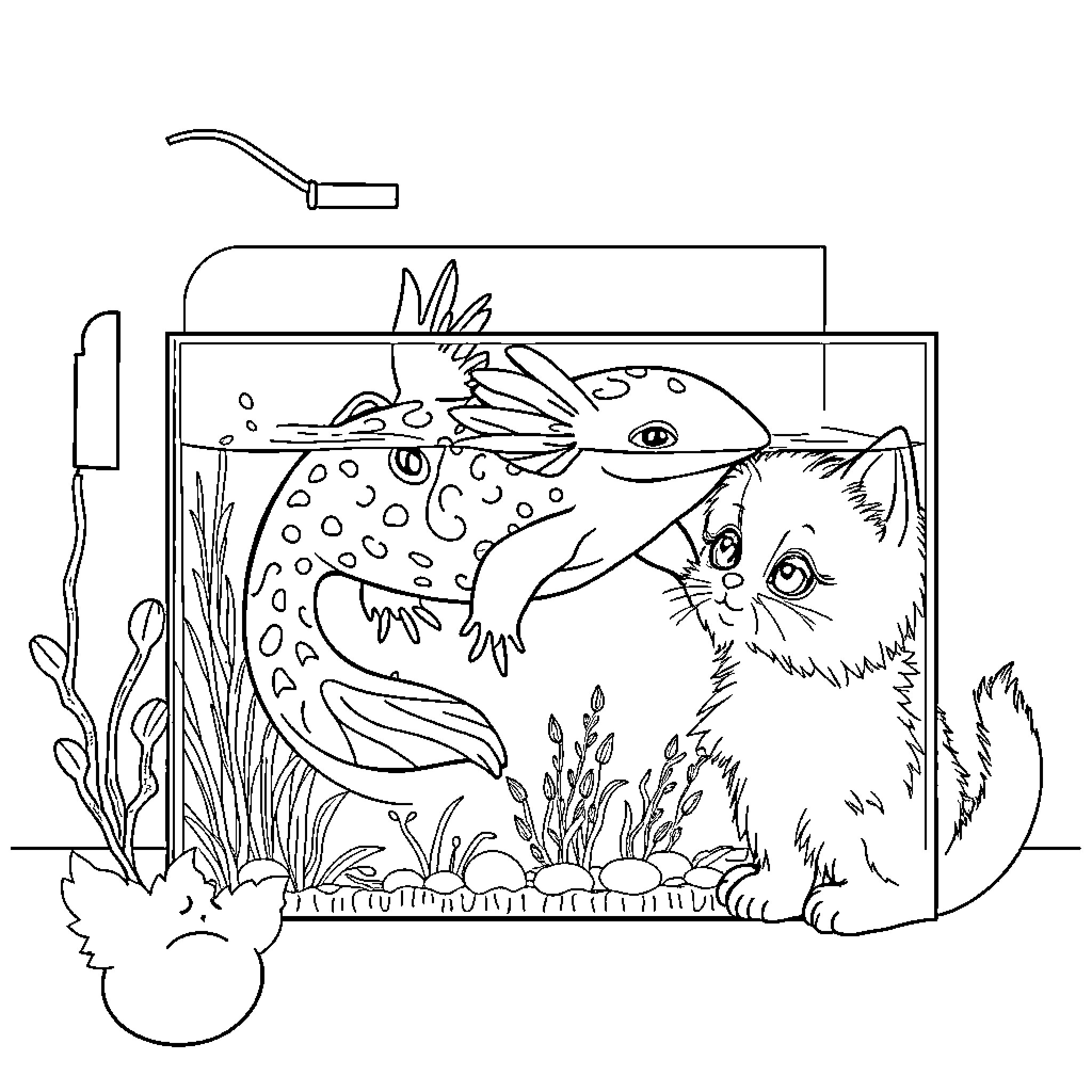 Axolotl and cat in aquarium Coloring Page (free black-and-white line drawing printable PDF for all, from beginners to advanced learners, including children, teens, adults, and seniors)